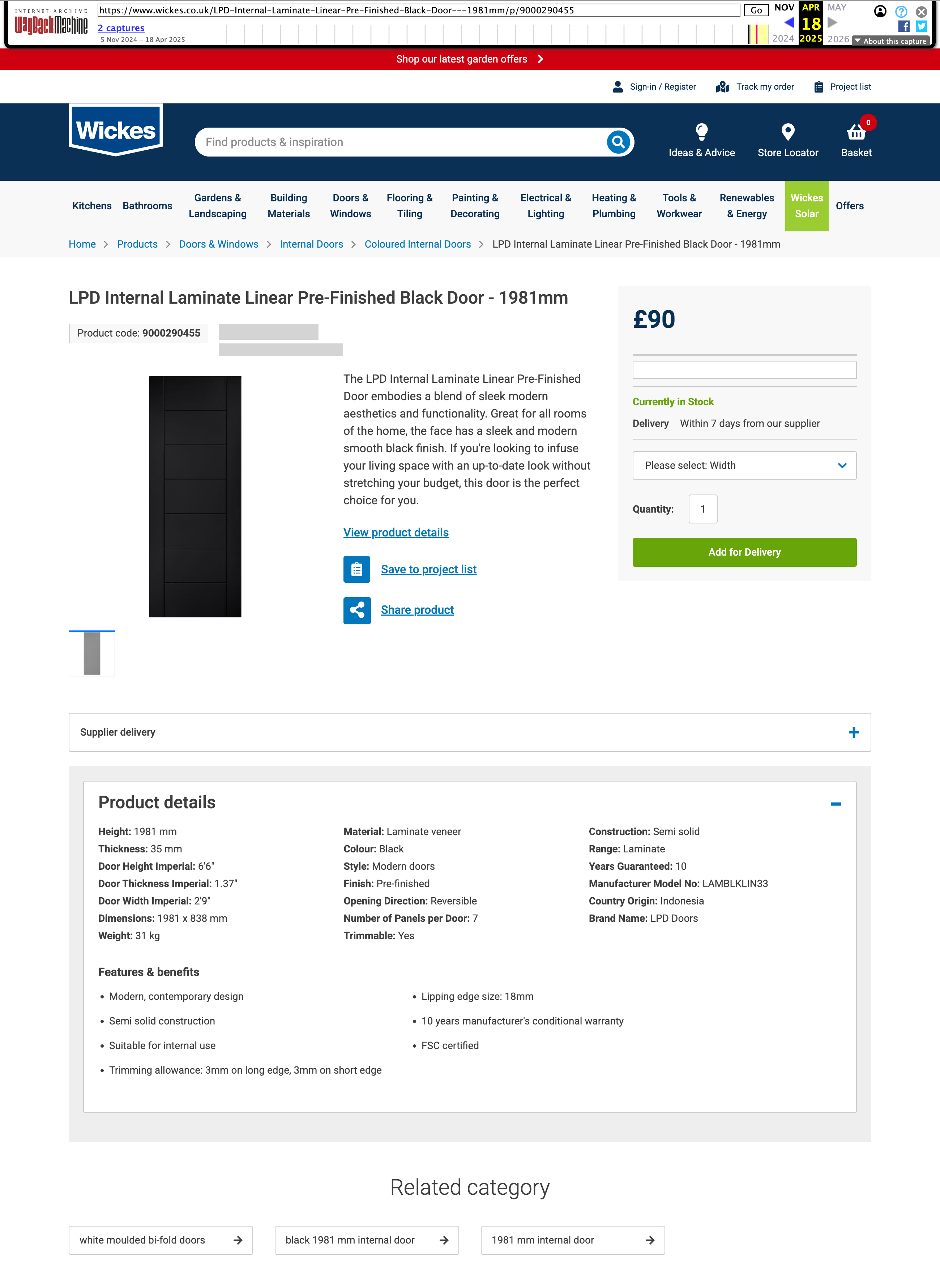 Example of a Wickes Product Page in April 2025 on the WayBackMachine, only showing "Product details" and "Related category".