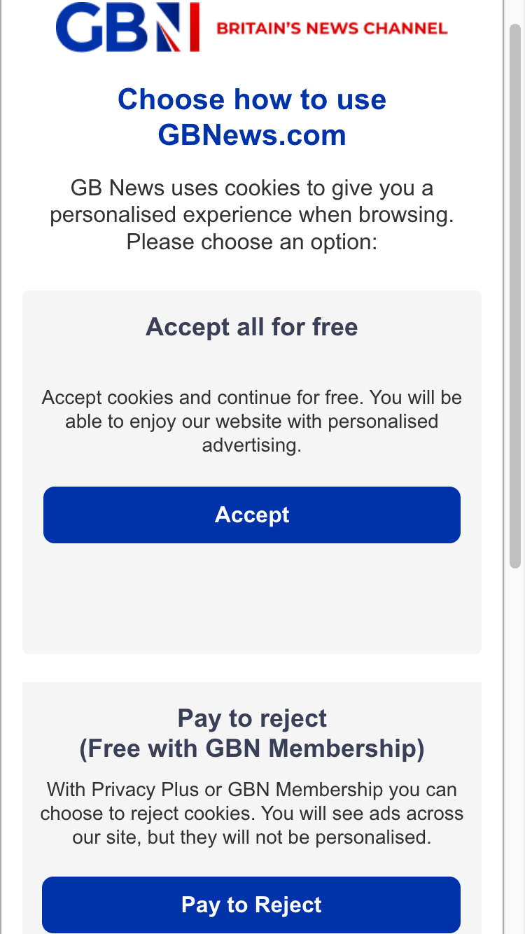 Pop-up of the choice between free content with ads or the option to pay for no ads on GB News.