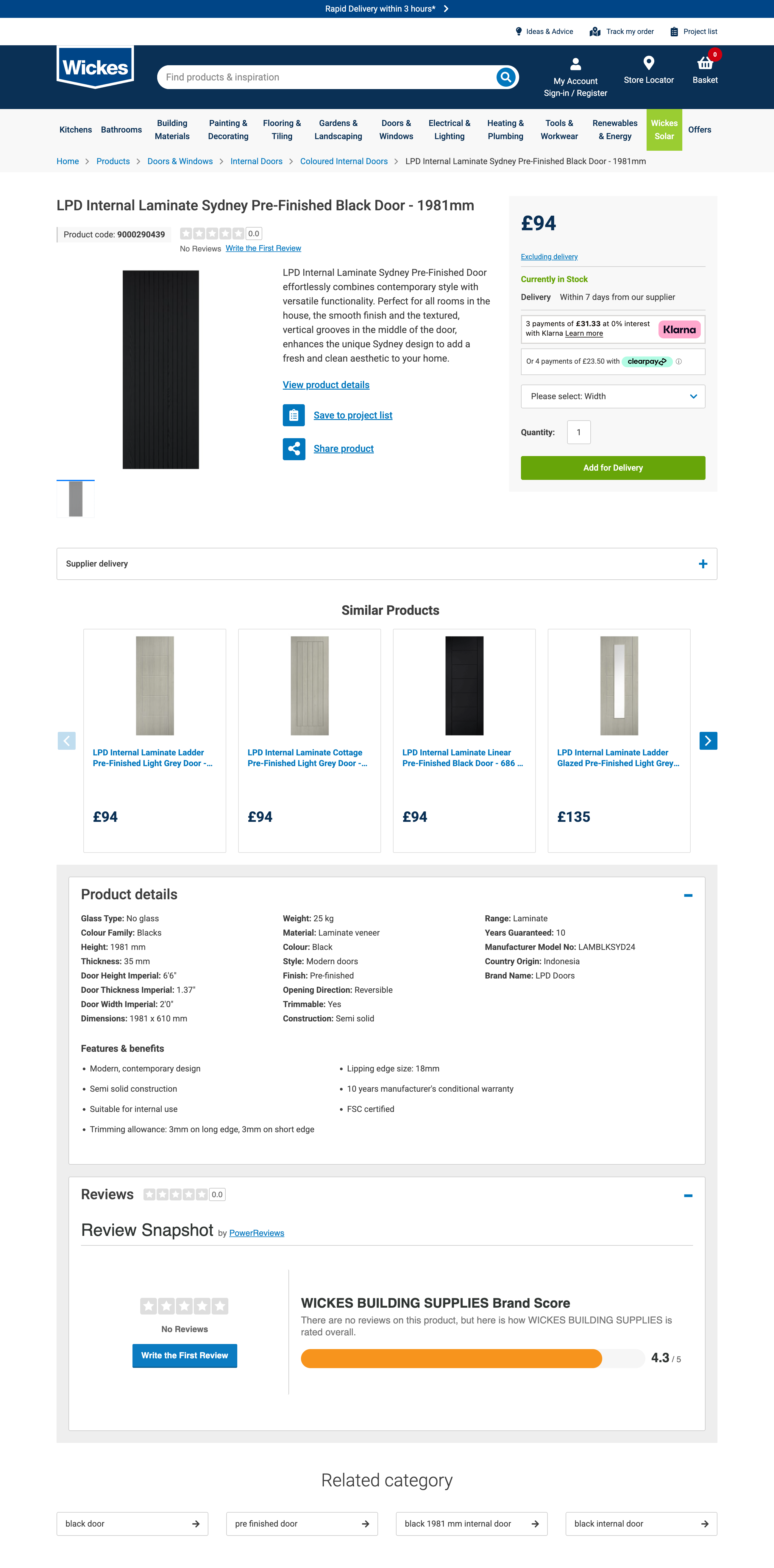 Example of a Wickes Product page in October 2025, showing "Similar Products", "Products details", "Reviews" and "Related category".