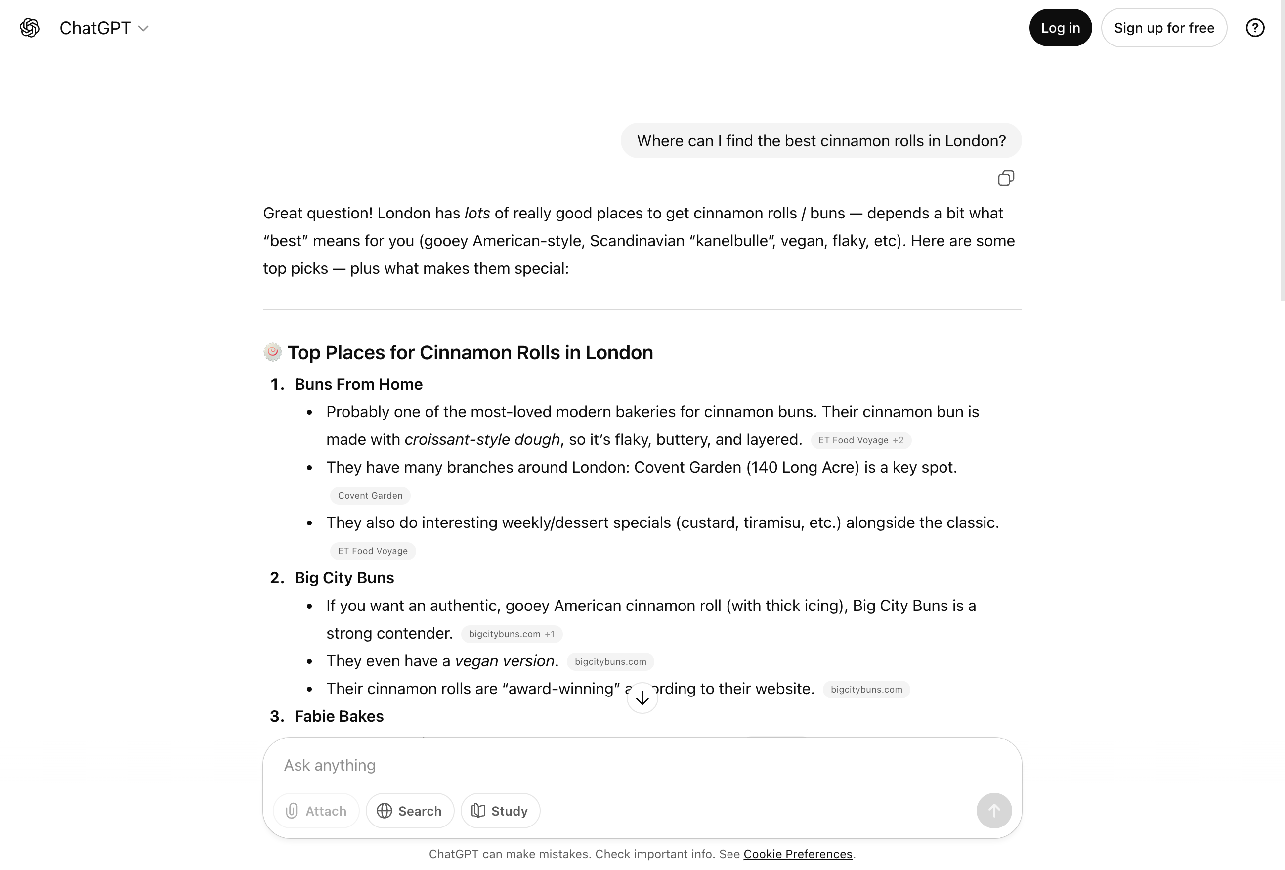 ChatGPT displays recommendations for Buns From Home, Big City Buns and Fabie Bakes in London.