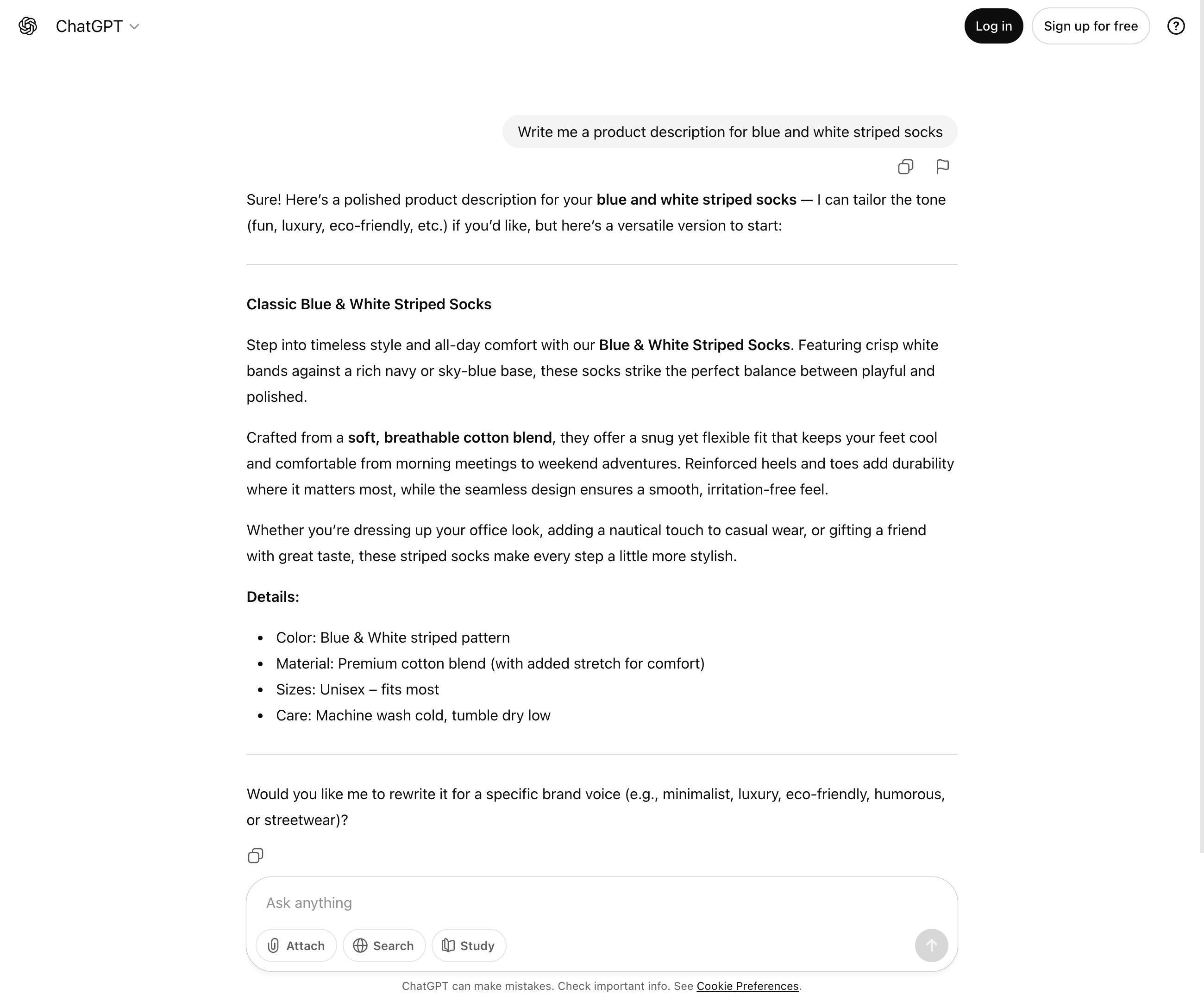 ChatGPT creates a product description for blue and white striped socks.