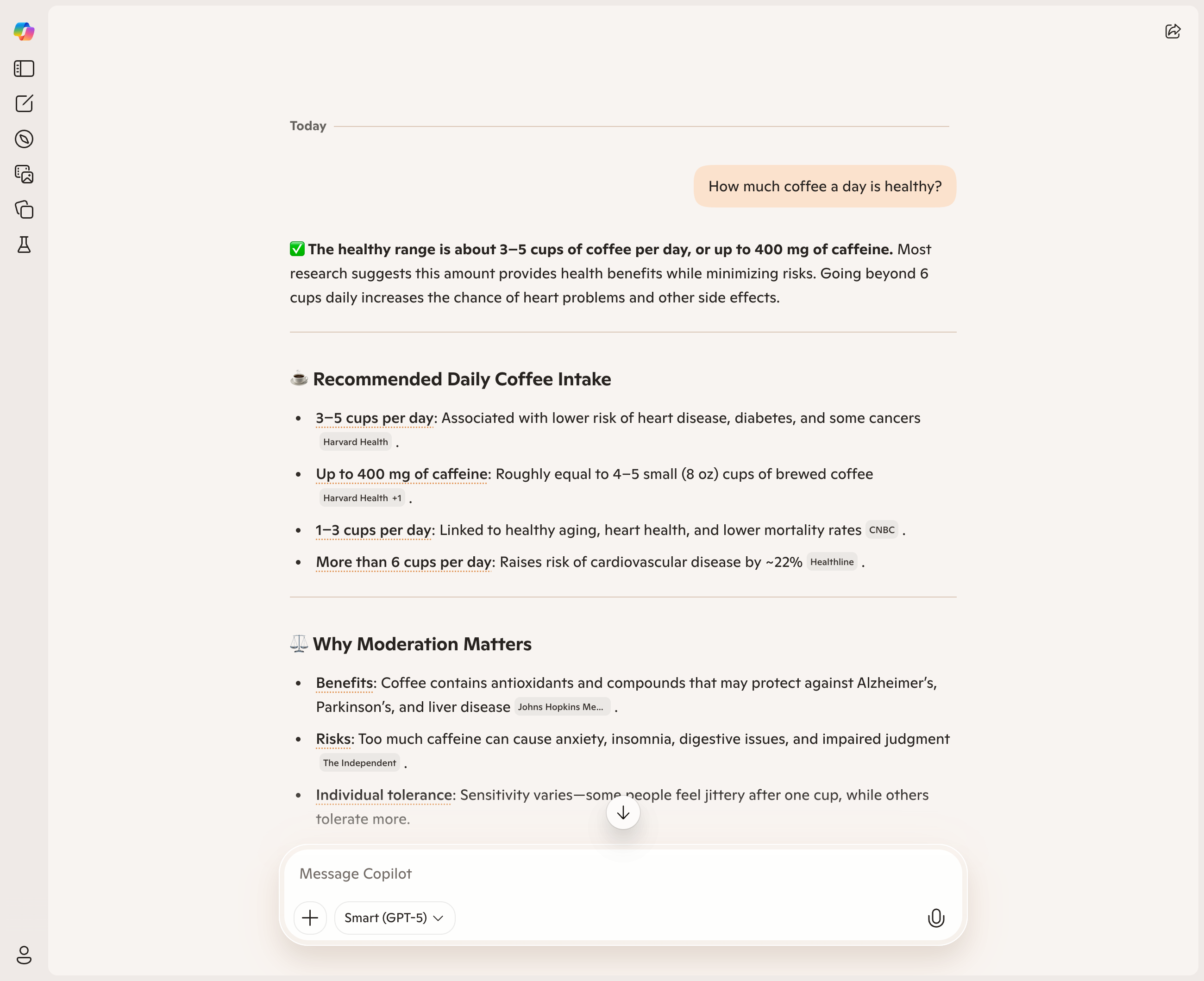 Microsoft Copilot response on healthy daily coffee intake, with recommendations and exceptions