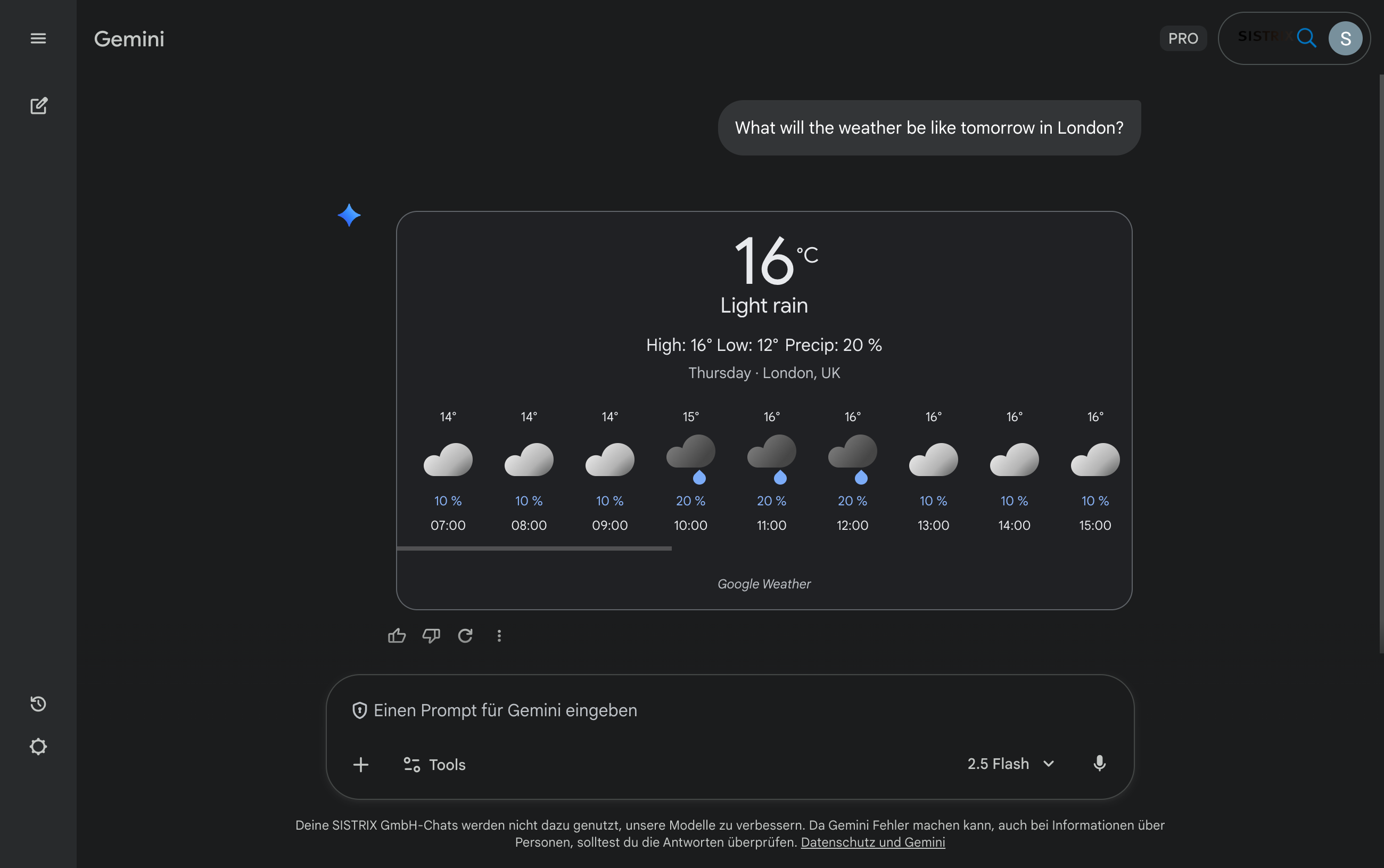 Google Gemini shows weather forecast for London with temperatures and hourly overview
