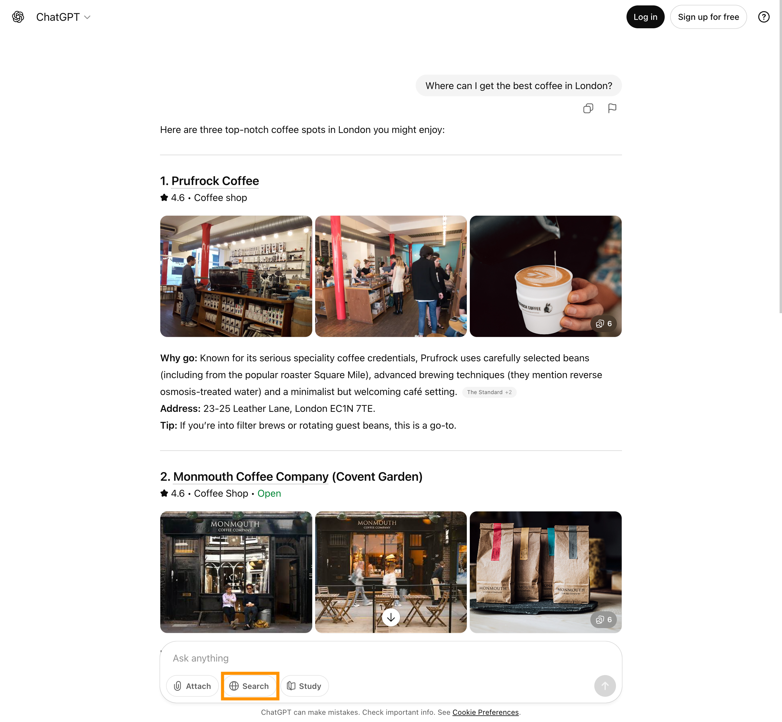 ChatGPT provides recommendations for cafés and roasteries in London with special features.