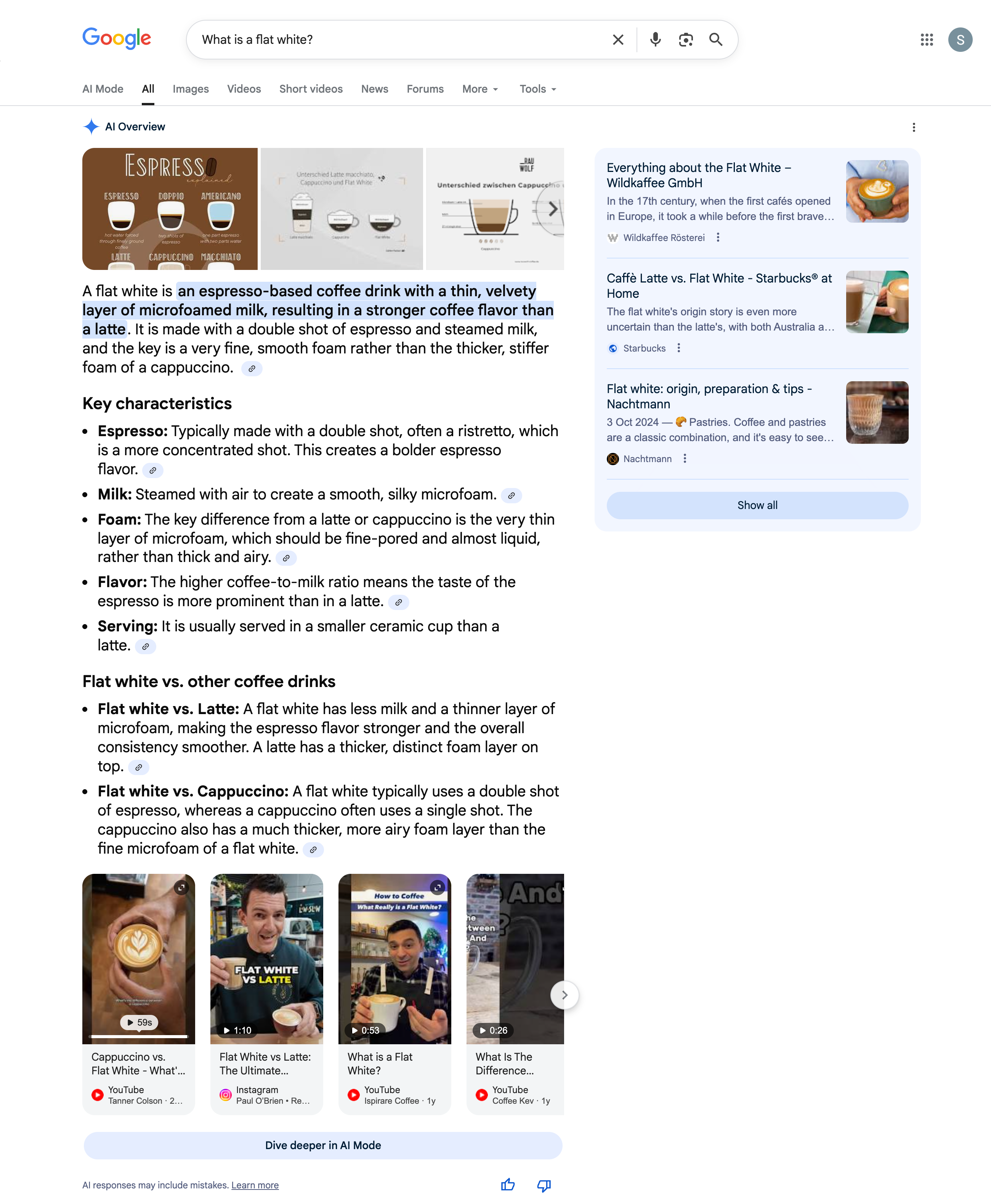 Google AI Overview explains the difference between a flat white and a cappuccino