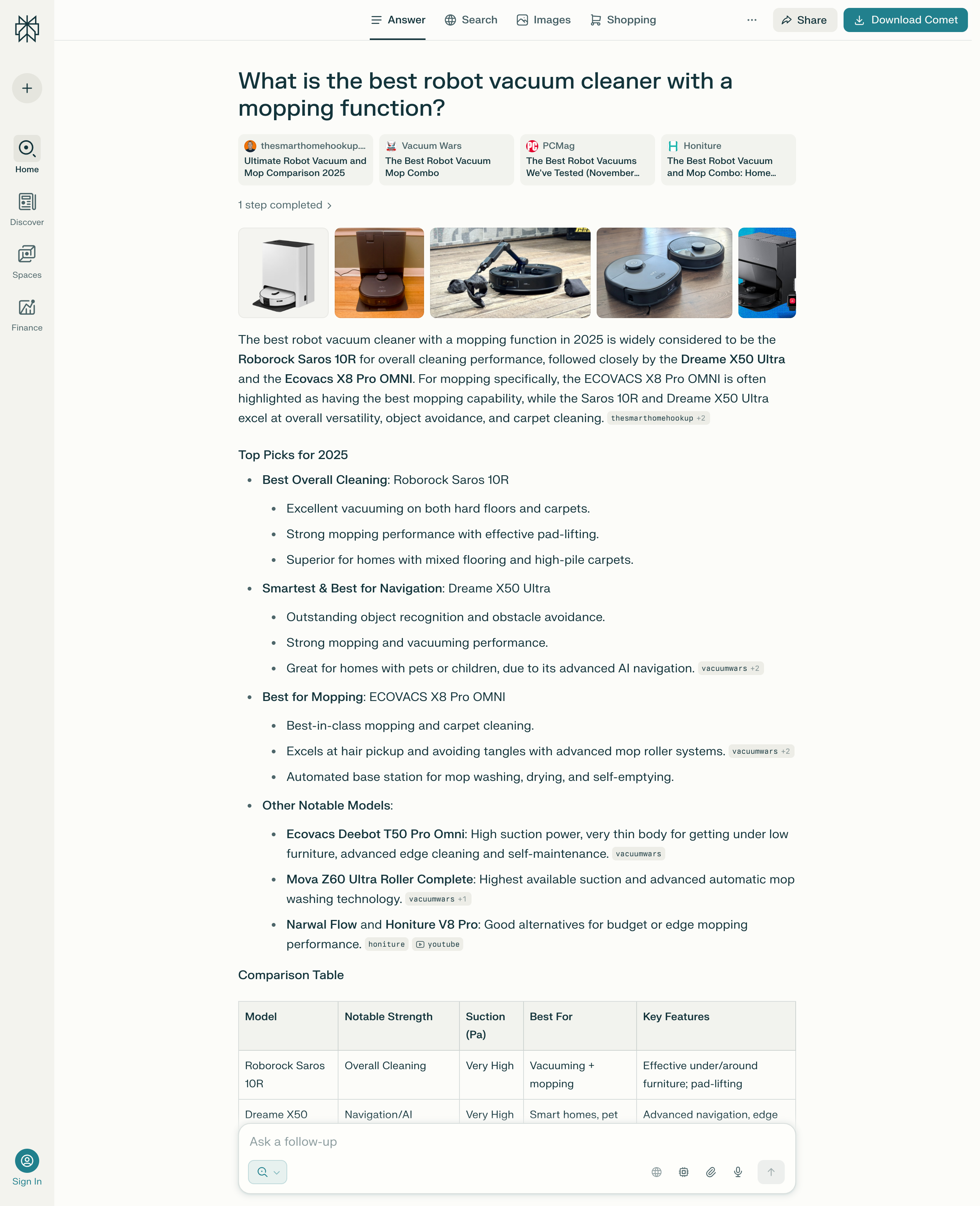 Perplexity Answer to the best robot vacuum cleaners with mopping function, including test winners and price overview