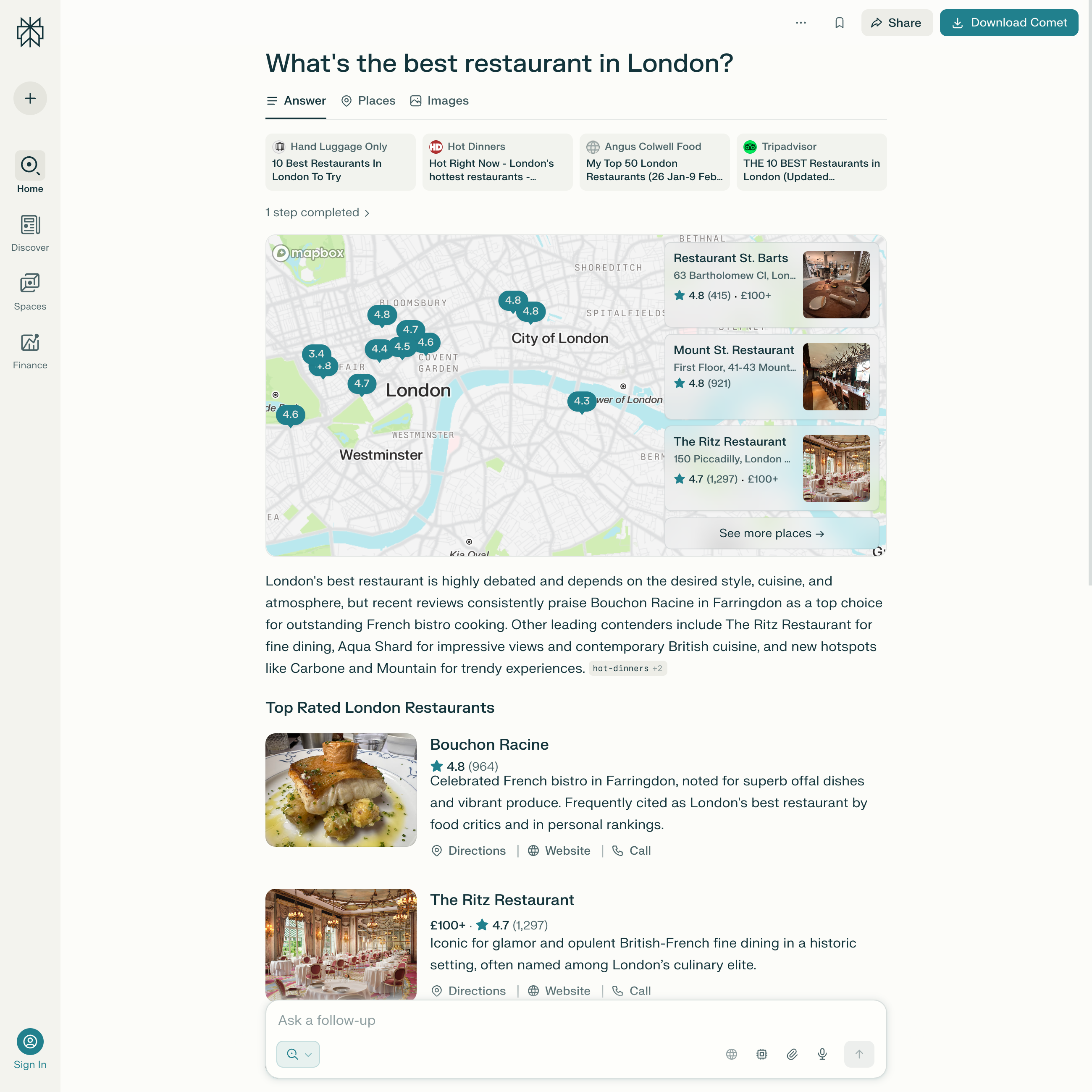 Perplexity AI response with recommendations for the best restaurants in London