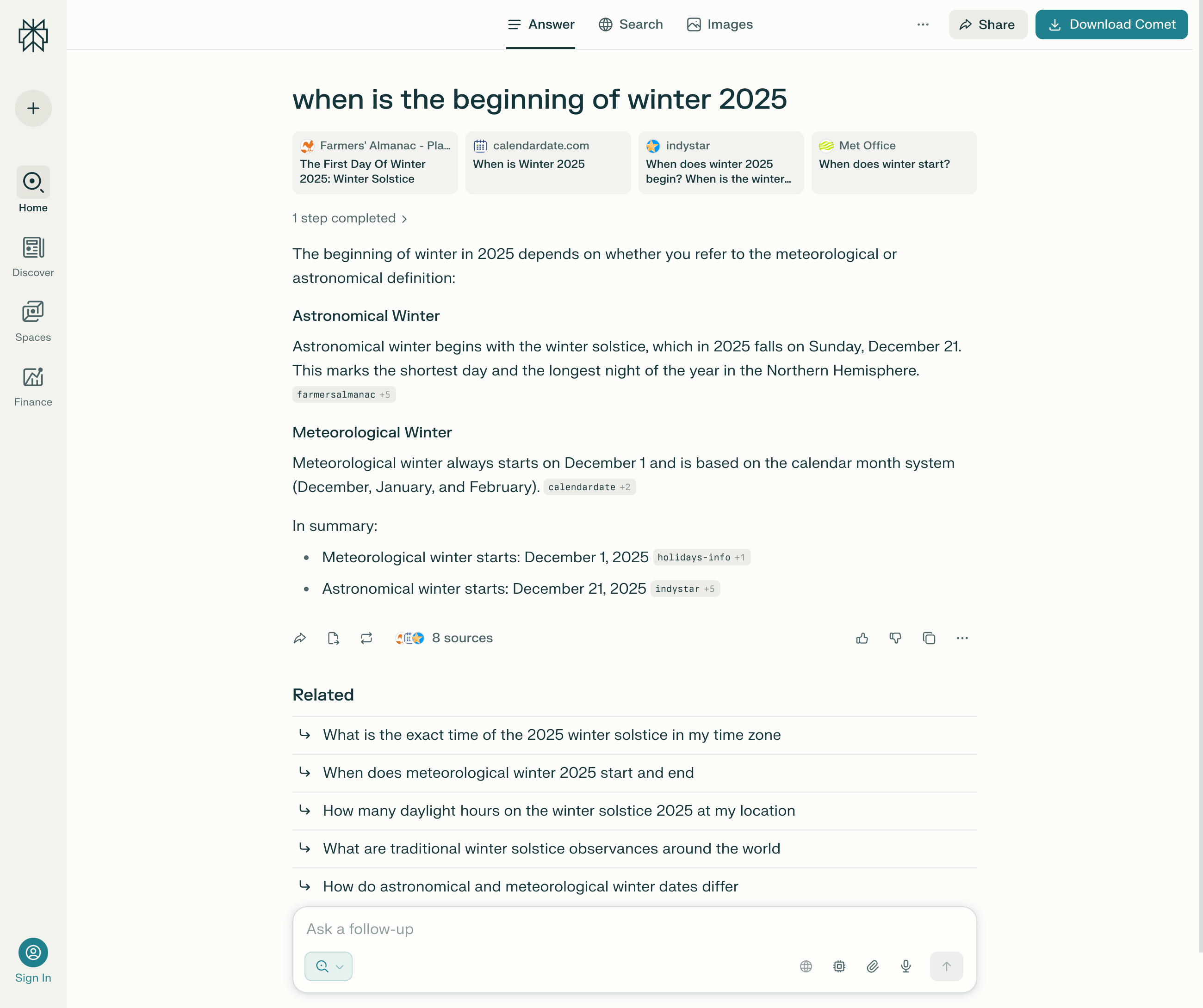 Perplexity response with date and background information on the start of winter 2025