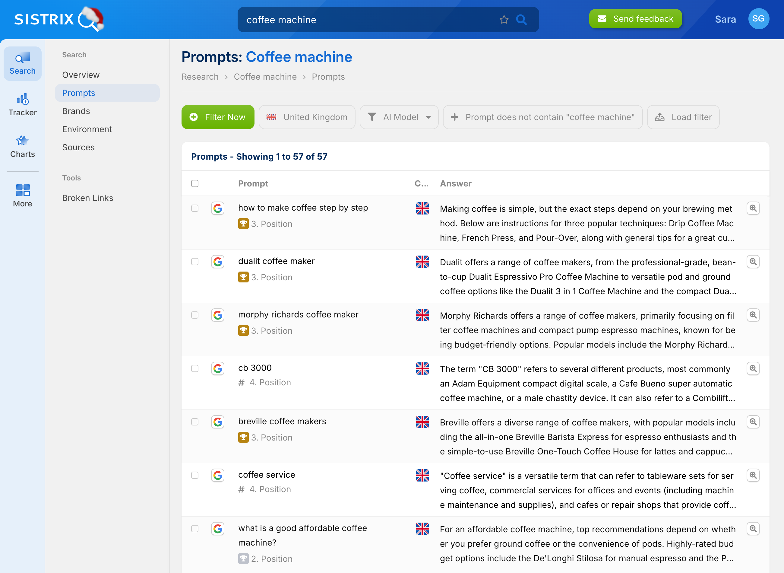 Screenshot of the prompt area in SISTRIX with frequently asked questions and prompts about coffee machines.