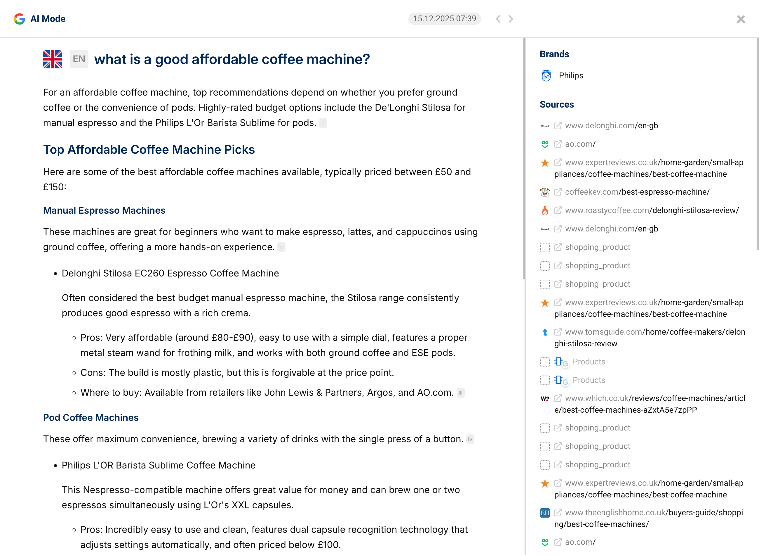 Screenshot of the SISTRIX prompt detail view on the question of good affordable coffee machines.