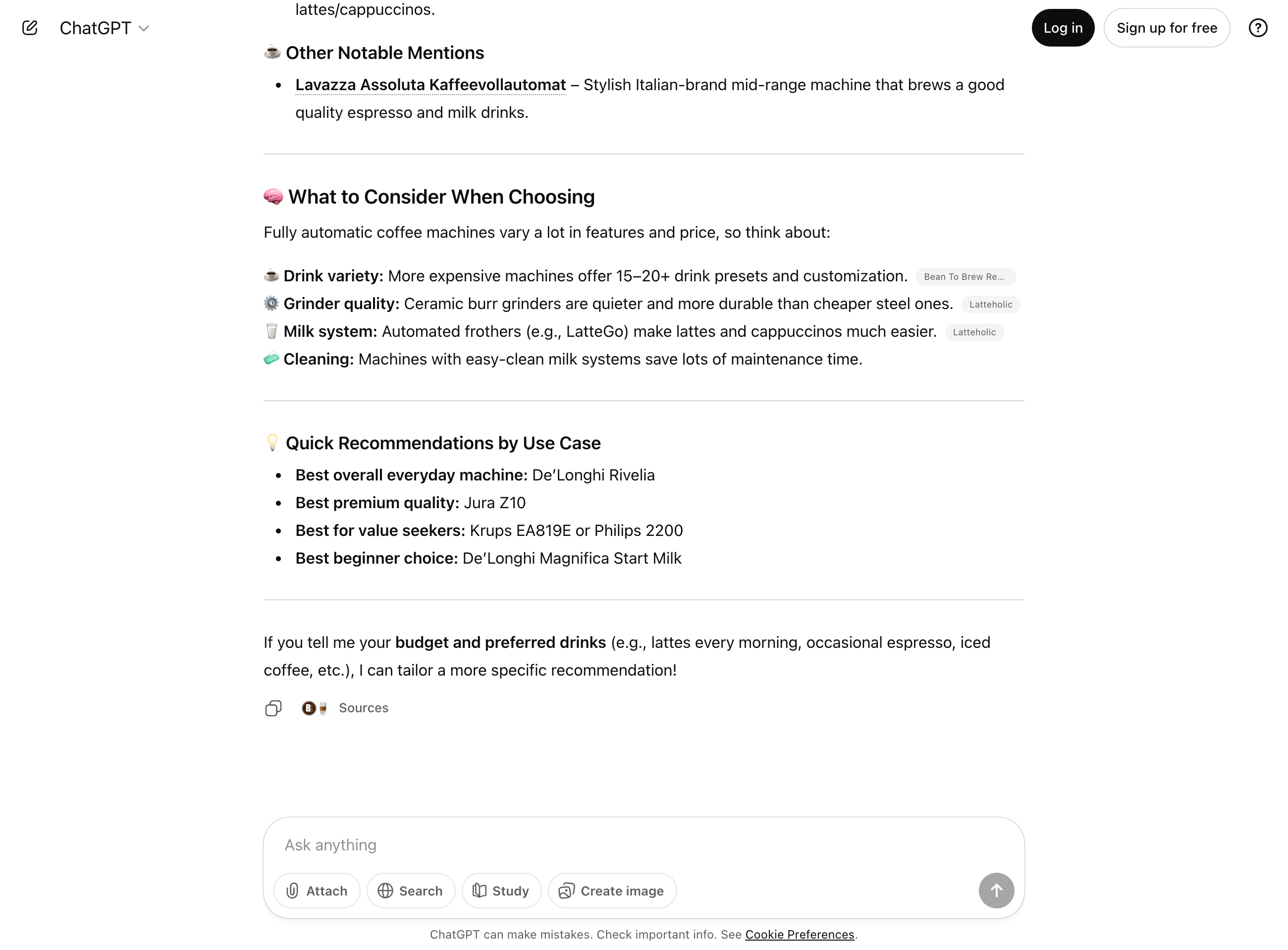 Screenshot of a ChatGPT response with a detailed list of purchase criteria.