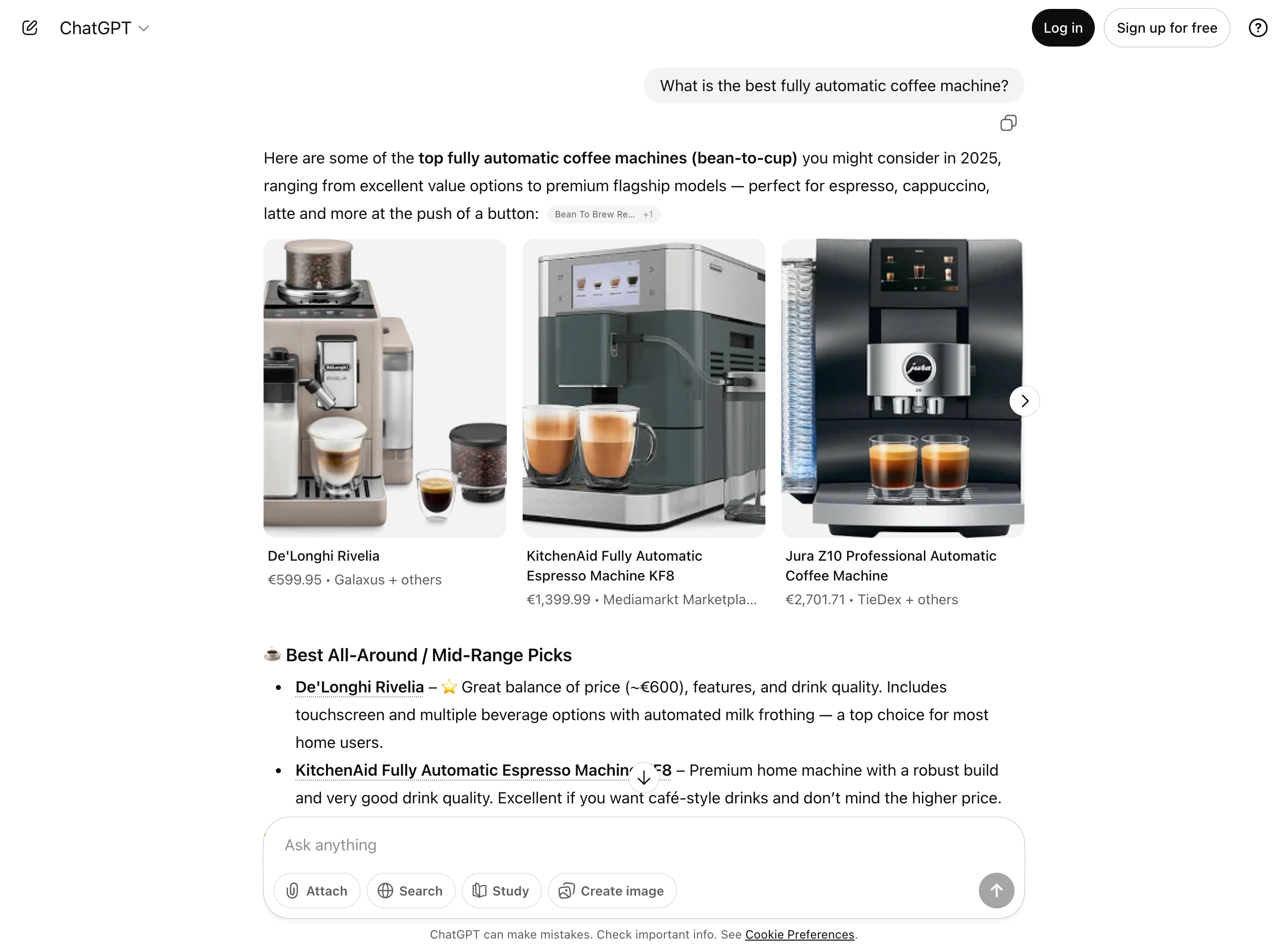 Screenshot of a ChatGPT response to the question about the best fully automatic coffee machine.