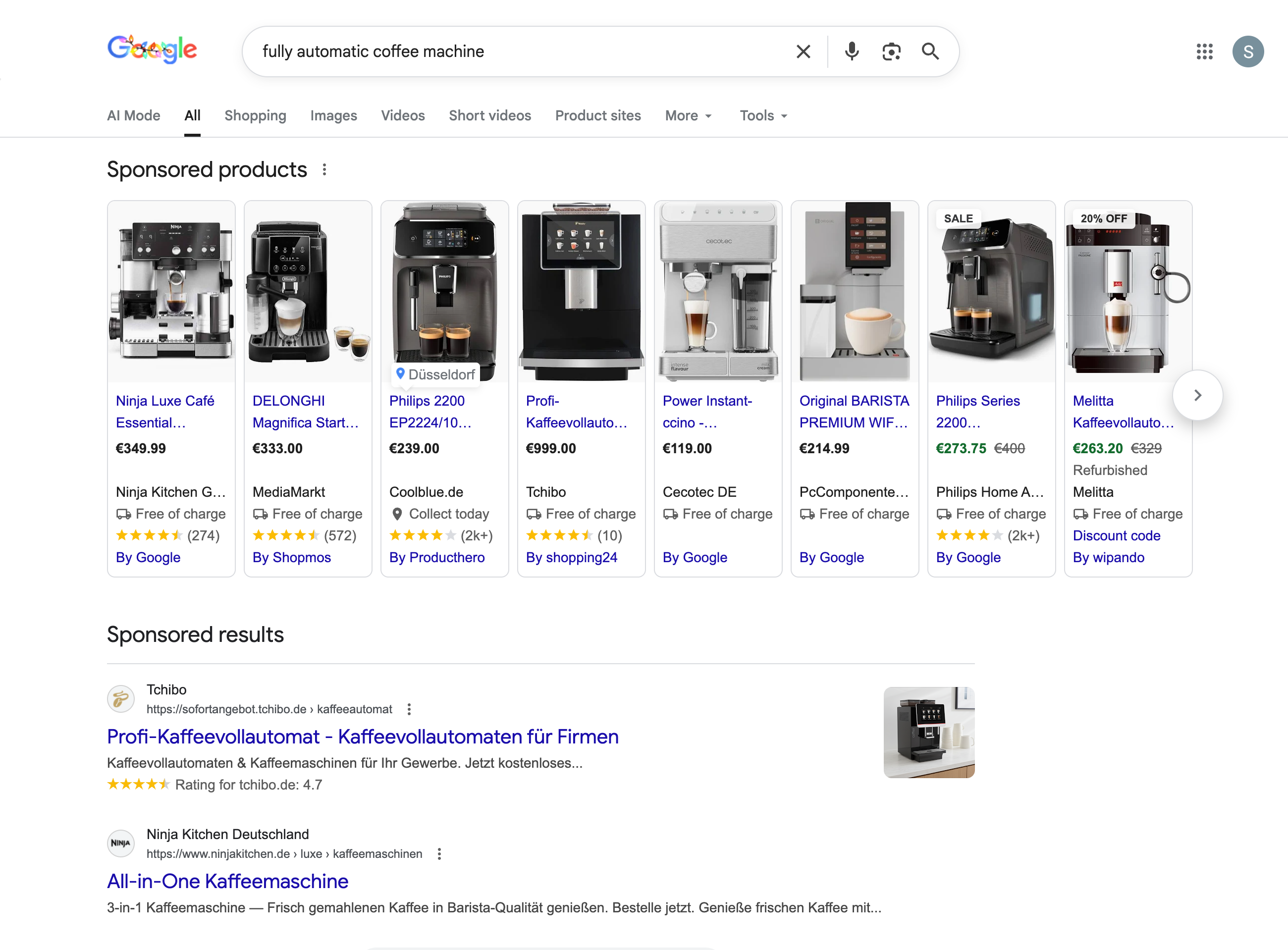 Screenshot of Google search results for ‘fully automatic coffee machine’ with sponsored products and sponsored results.