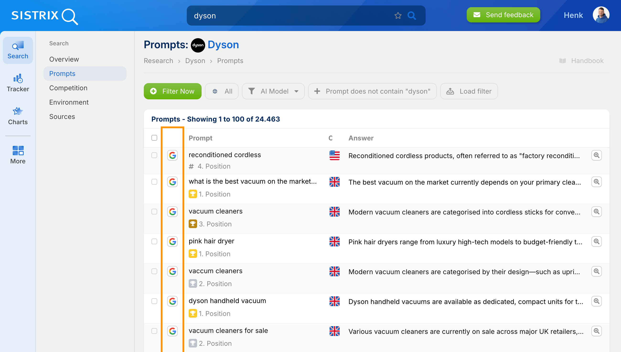 SISTRIX Prompts table with highlighted AI model column showing Google icons for each prompt.