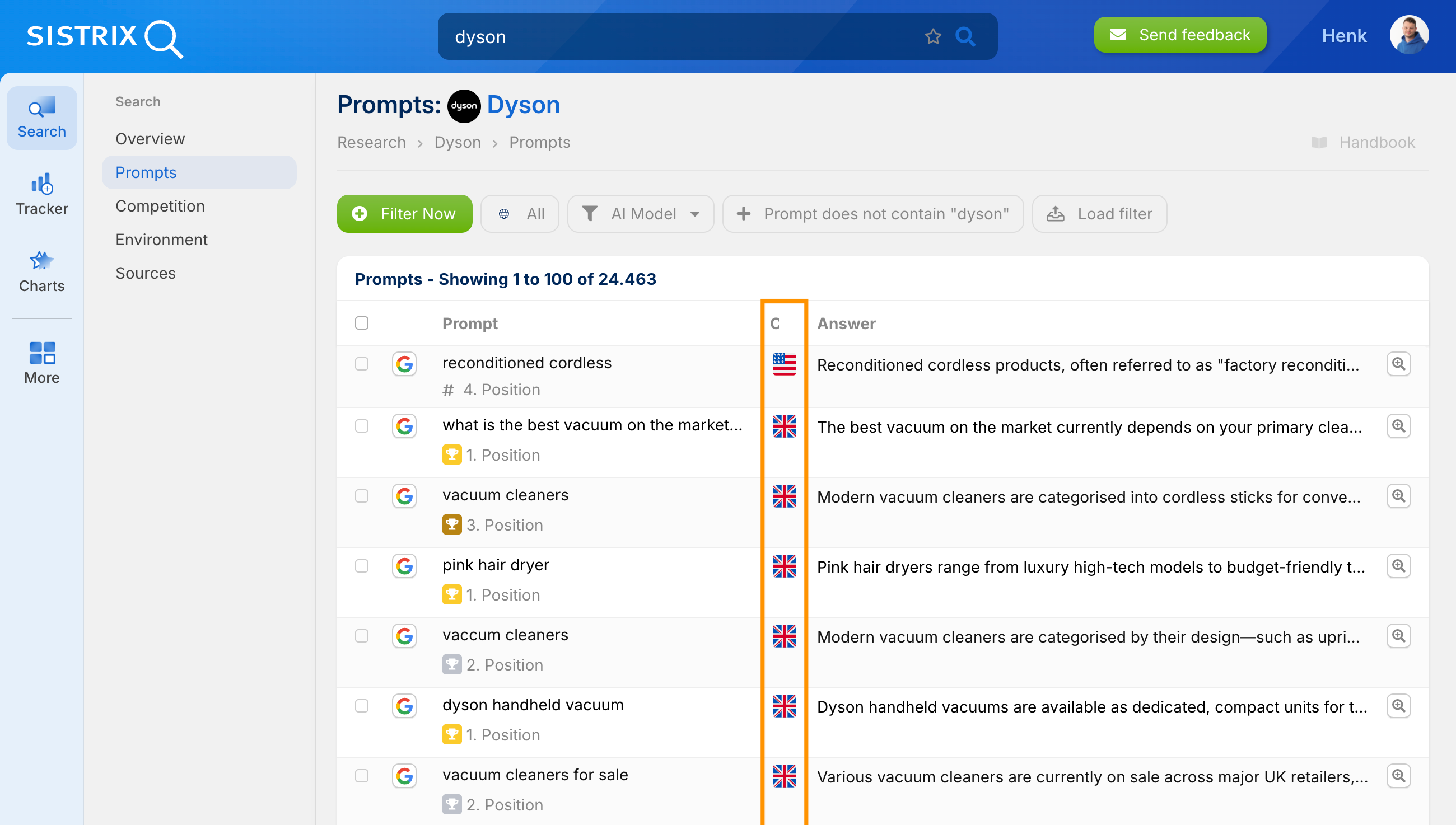 SISTRIX Prompts table with highlighted country column showing UK and US flags indicating prompt origin.