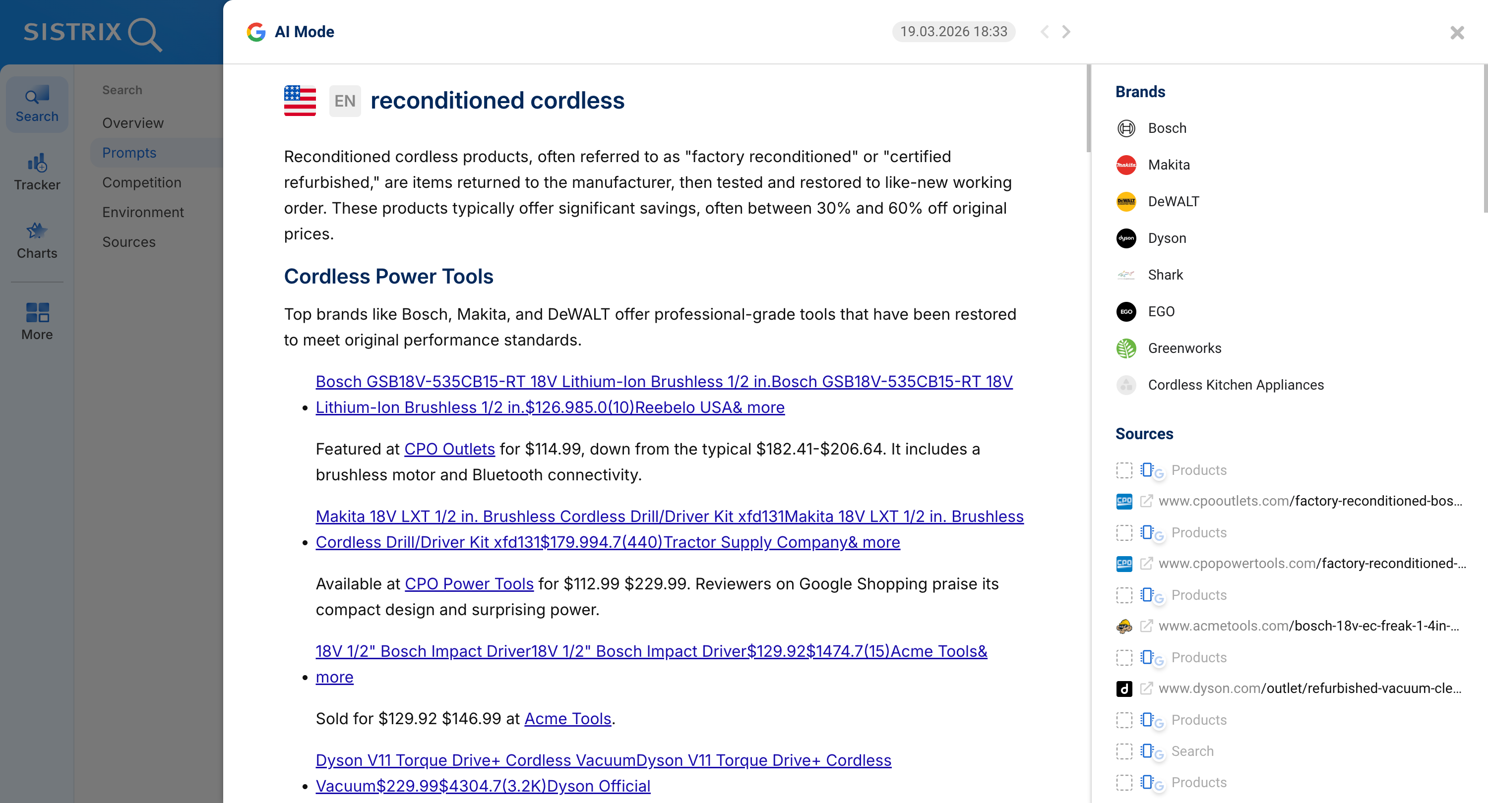 SISTRIX Prompt detail view for "reconditioned cordless" showing full AI response with product recommendations, mentioned brands (Bosch, Makita, DeWALT, Dyson) and sources.