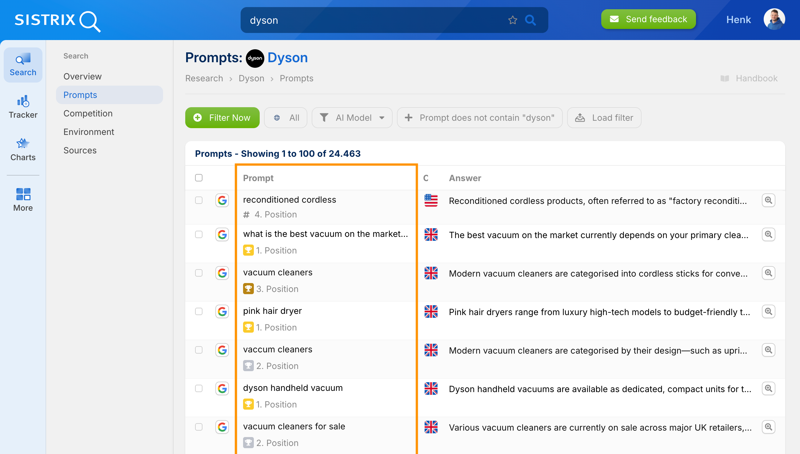 SISTRIX Prompts table with highlighted prompt column showing user queries and their ranking positions.