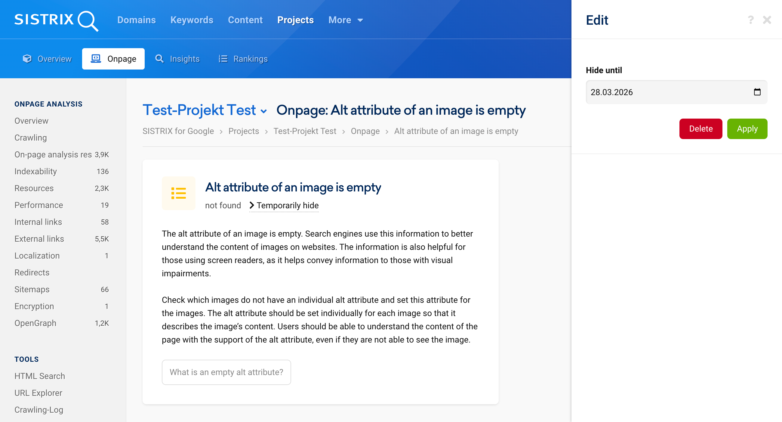 SISTRIX On-page tool displaying an advisory message: "Alt attribute of an image is empty." The text explains the importance of alt attributes for search engine understanding and web accessibility. An "Edit" sidebar is visible on the right to snooze or hide the notification.