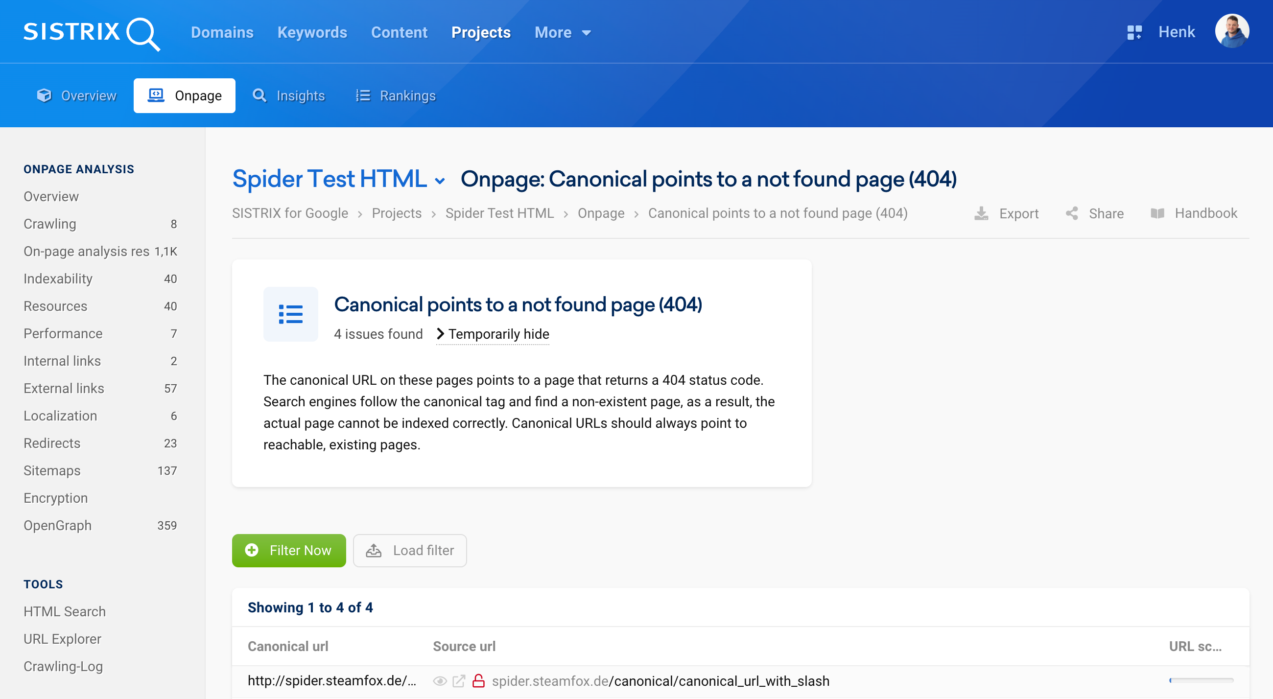 SISTRIX On-Page Analysis Detailed View: Error message “Canonical points to a not found page (404)”. The text explains that the canonical URL points to a non-existent page, which prevents search engines from indexing it. Below this, a table lists the affected URLs.