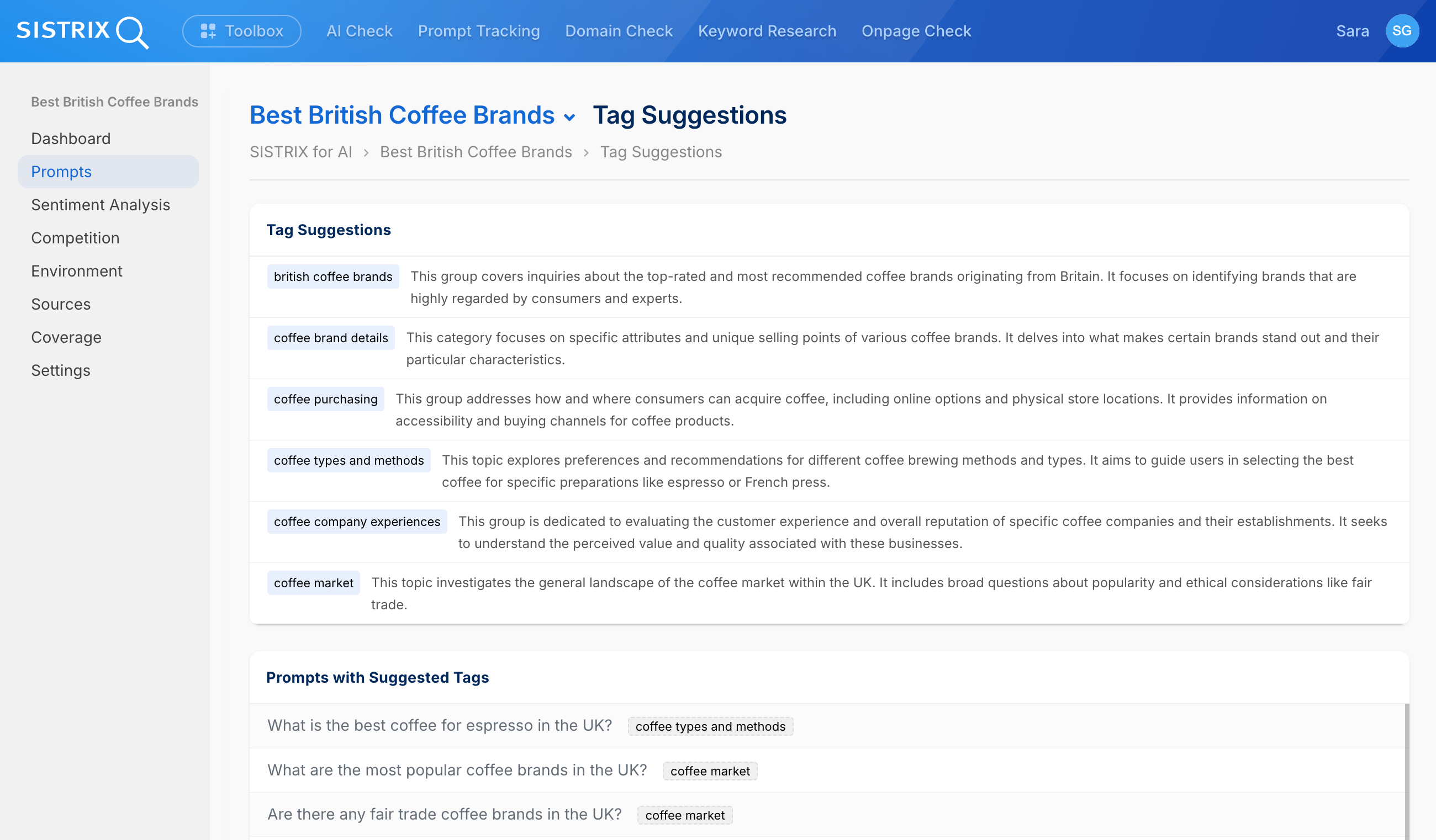 SISTRIX Tag Suggestions page for Best British Coffee Brands: Suggested tags like "british coffee brands", "coffee brand details", "coffee purchasing" with descriptions and example prompts