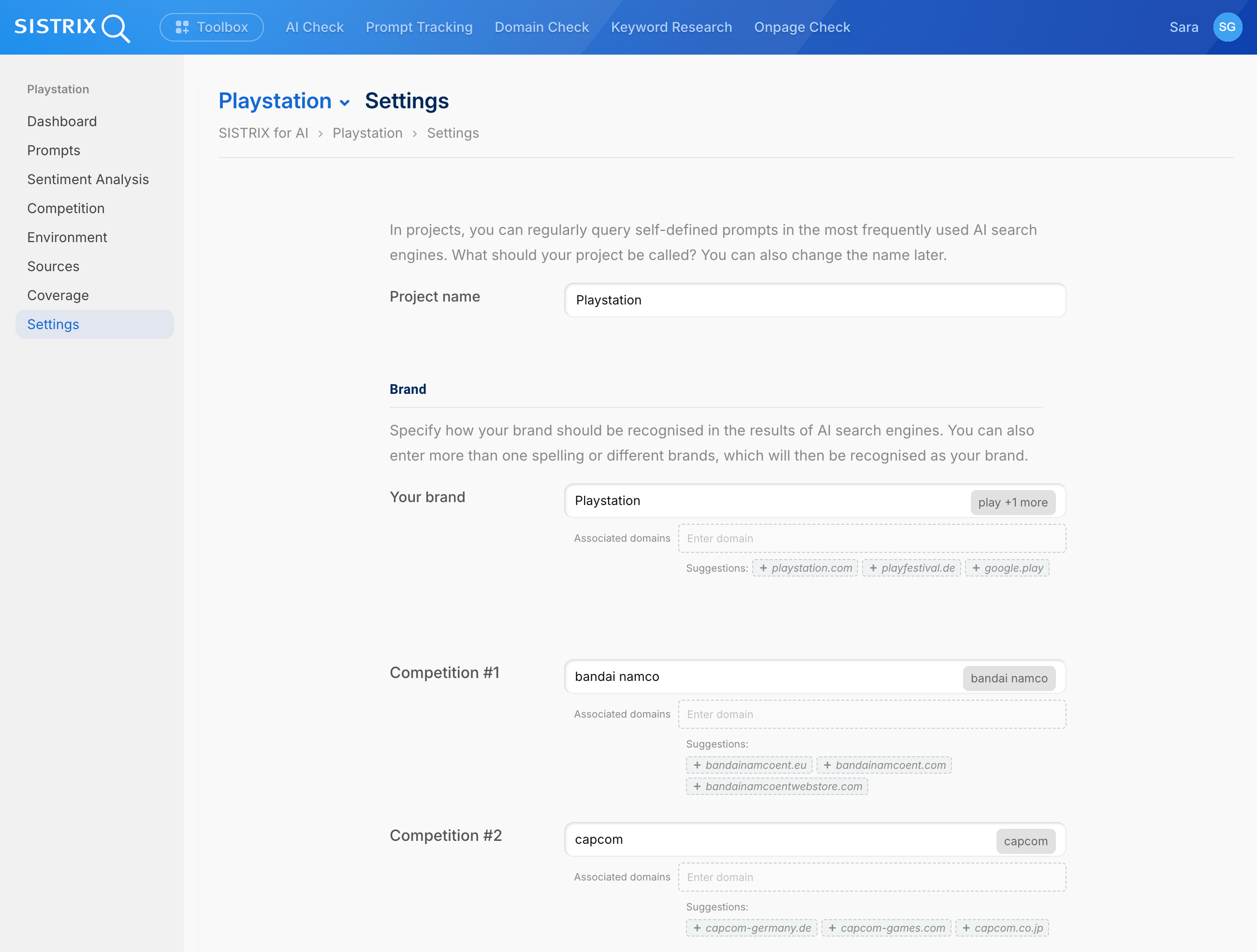 SISTRIX Settings page for PlayStation project: Project name, brand configuration with associated domains (playstation.com, playfestival.de), and competitors bandai namco and capcom