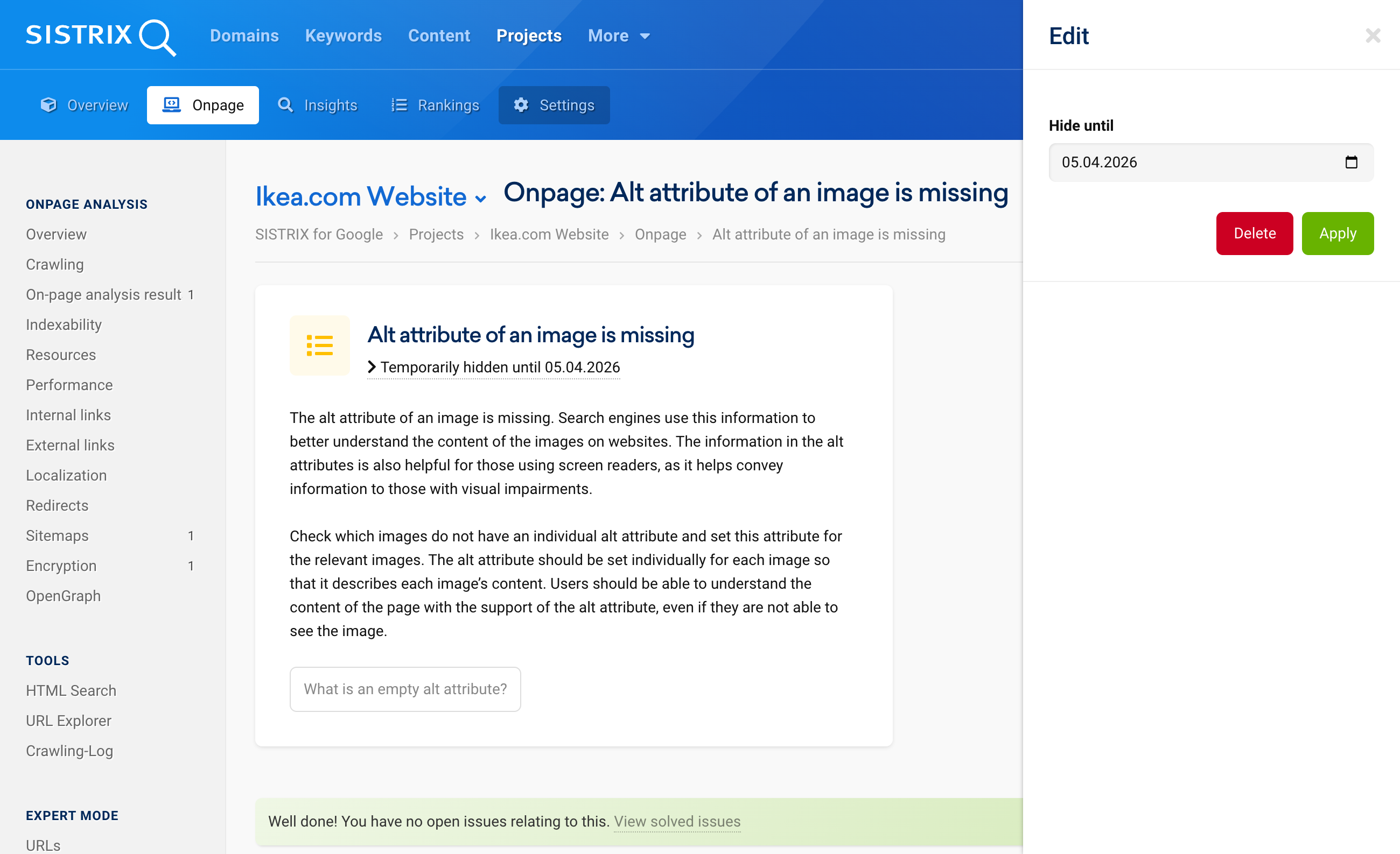 SISTRIX Onpage-Issue "Alt attribute of an image is missing": Detail view with explanation of the problem and editing function to hide until a specific date.