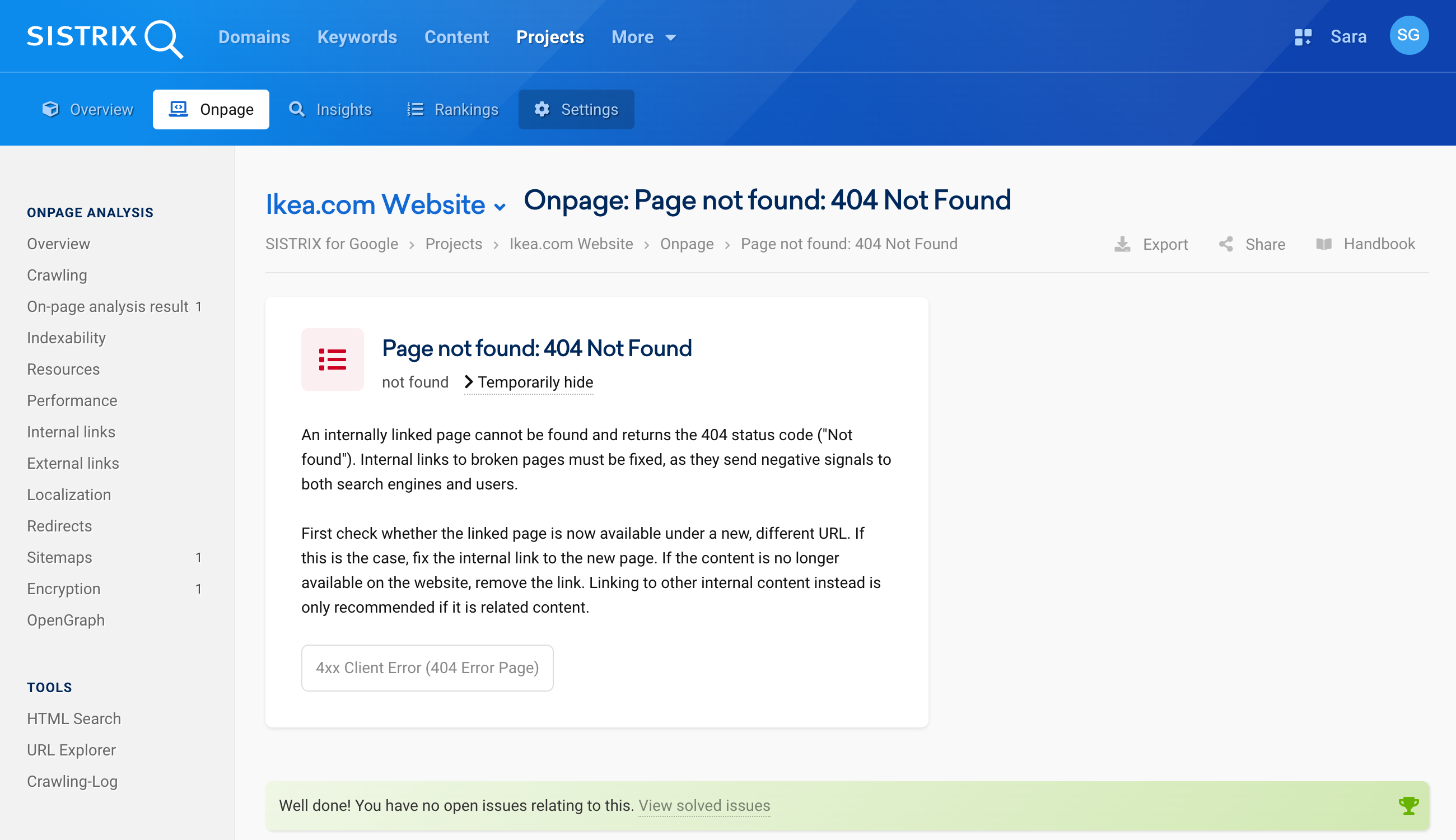 SISTRIX Onpage-Issue "Page not found: 404 Not Found": Error description explains that broken pages must be fixed, as they send negative signals.