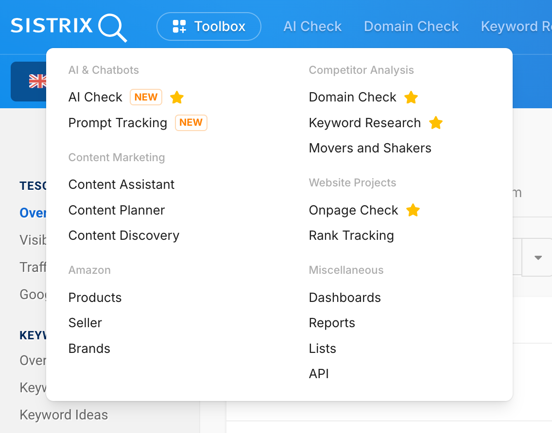 Screenshot of the SISTRIX user interface with the 'Toolbox' dropdown menu open.