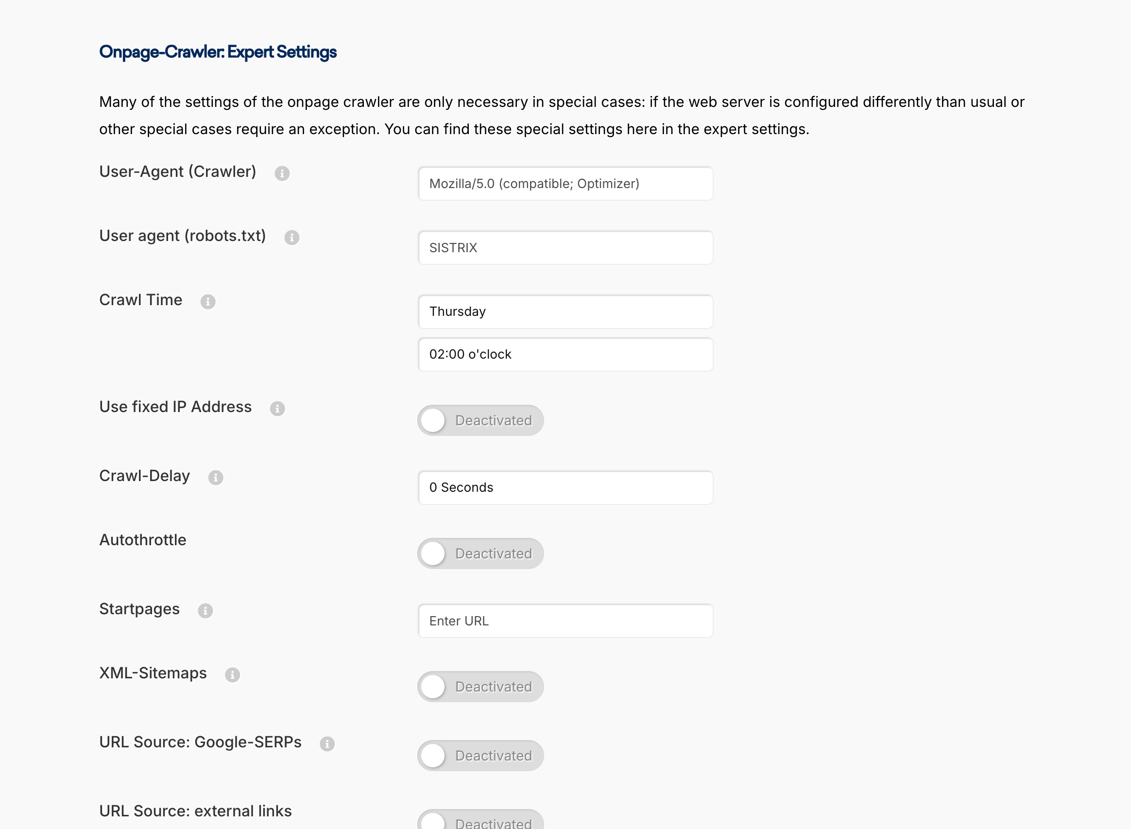 The advanced crawling settings in a SISTRIX Onpage project