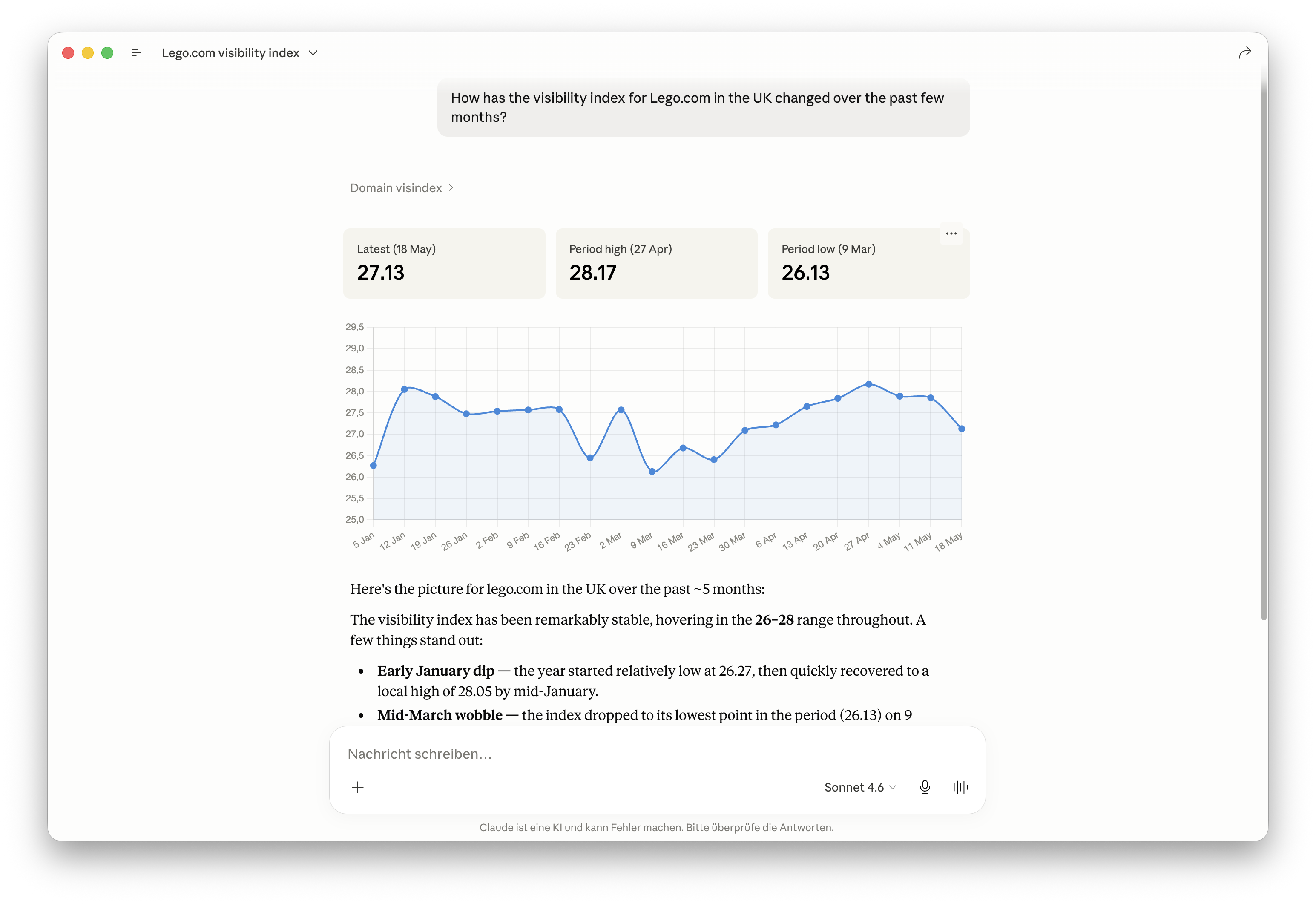 Claude chat shows the SISTRIX Visibility Index for lego.com: a line graph from January 2026 until May 2026 with values between 28.17 and 26.13, a high and stable level with moderate changes, domain visindex shown at the top.