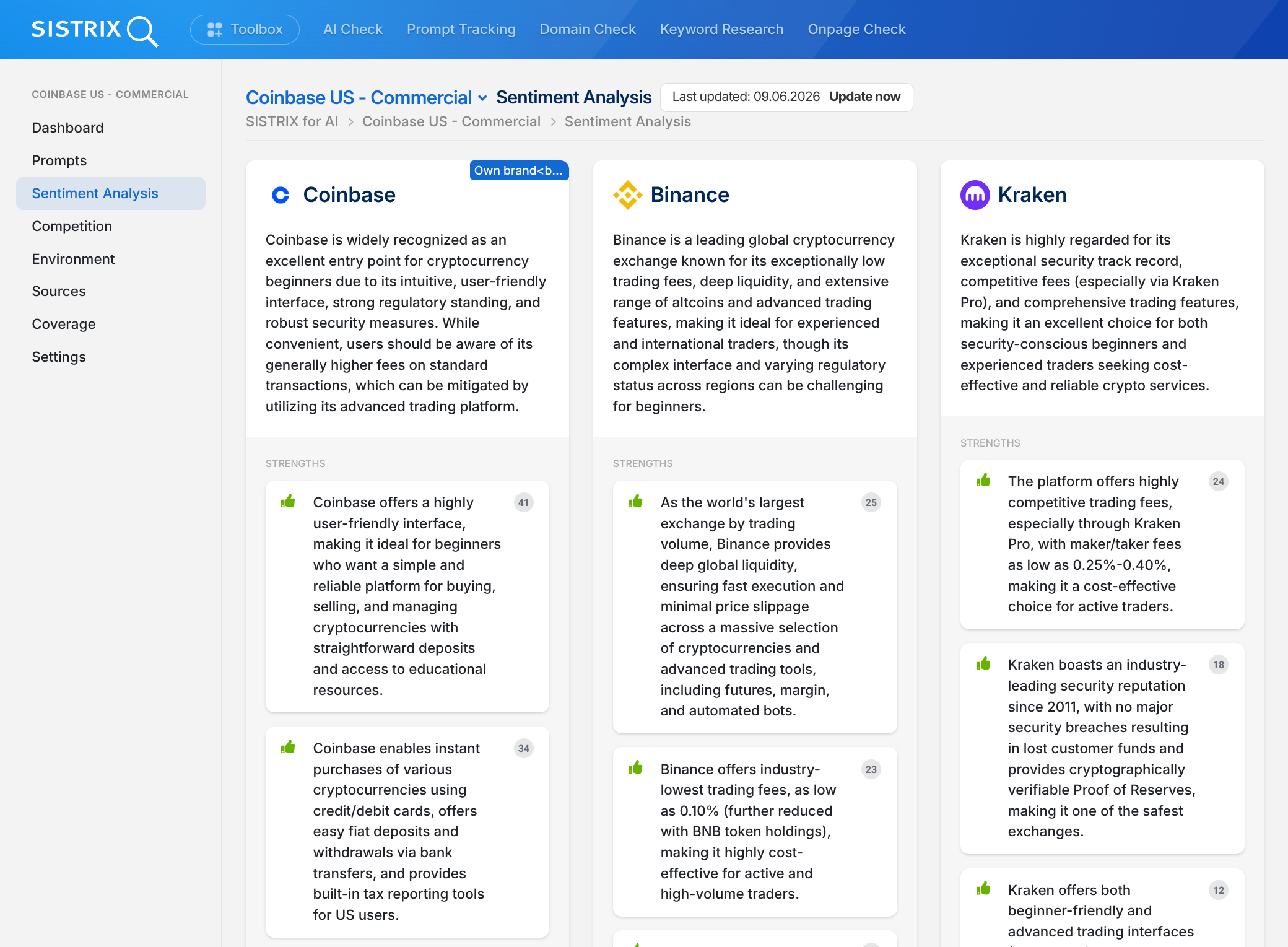 Sentiment analysis feature in SISTRIX for chatbots.