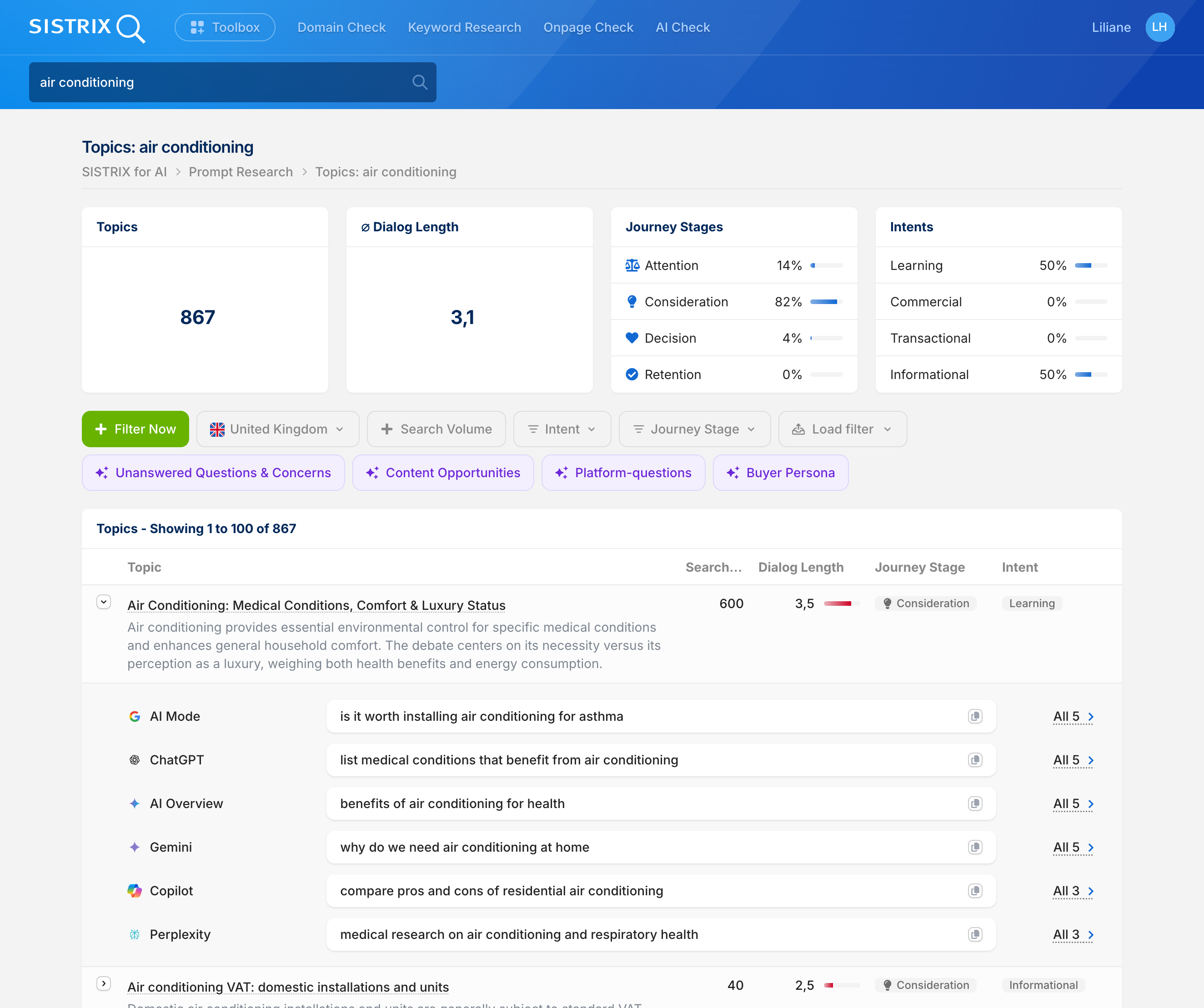 Prompt Research overview page with the example term "air conditioning".