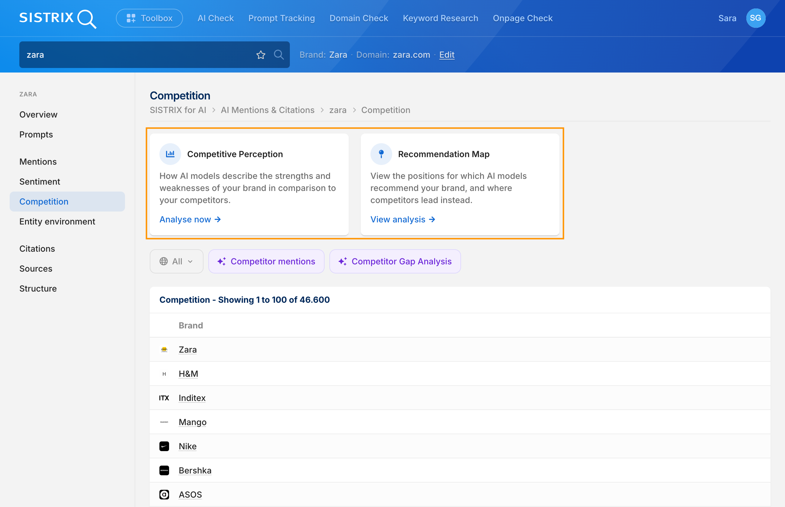 Resumen de la competencia en AI Check, con los dos nuevos análisis —«Percepción competitiva» y «Mapa de recomendaciones»— que incluyen una lista de los competidores identificados.