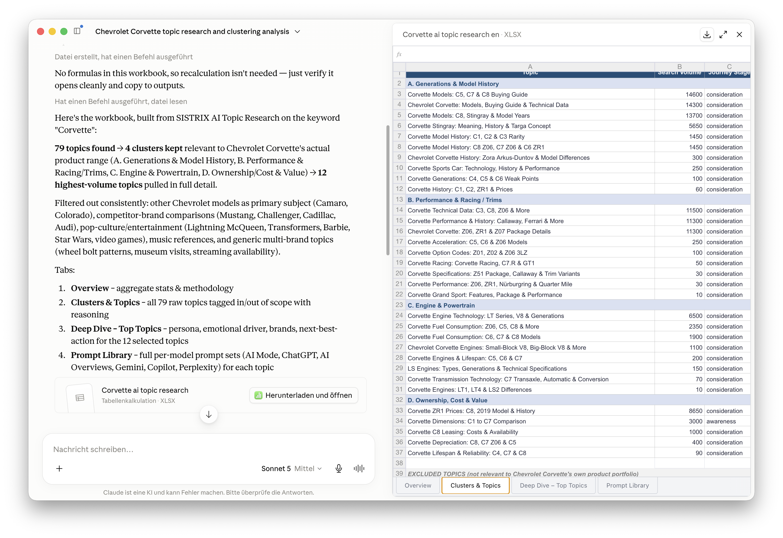 Chatbot response via the SISTRIX MCP Server on the topic of Chevrolet Corvette cars: 79 topics queried, sorted into four clusters, and output as an Excel file with the tabs Overview, Clusters & Topics, Deep Dive Top Topics, and Prompt Library.