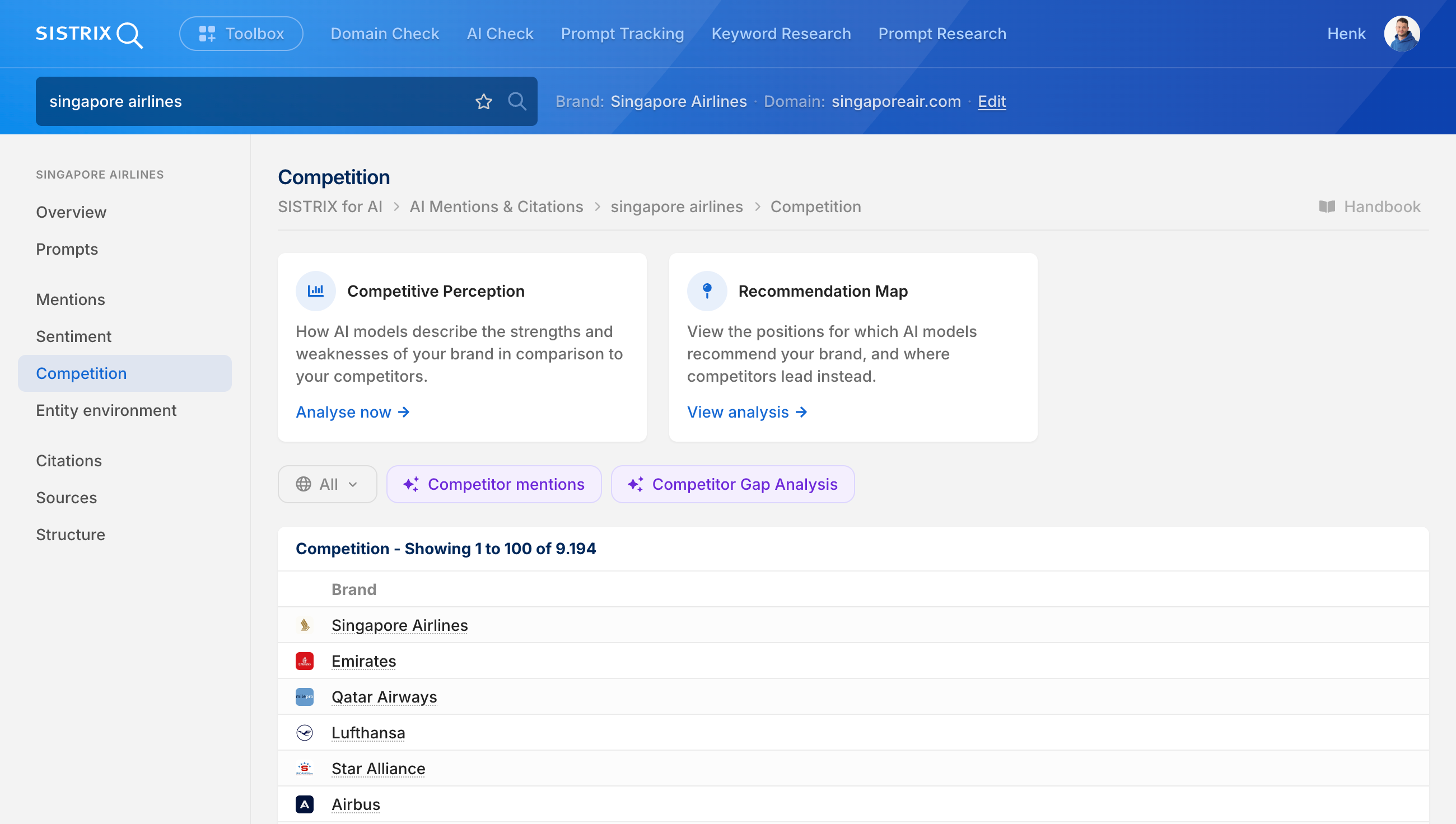 SISTRIX AI Check, Competition section for Singapore Airlines: list of 9,194 competitors like Emirates and Qatar Airways, with access to Competitive Perception and Recommendation Map.