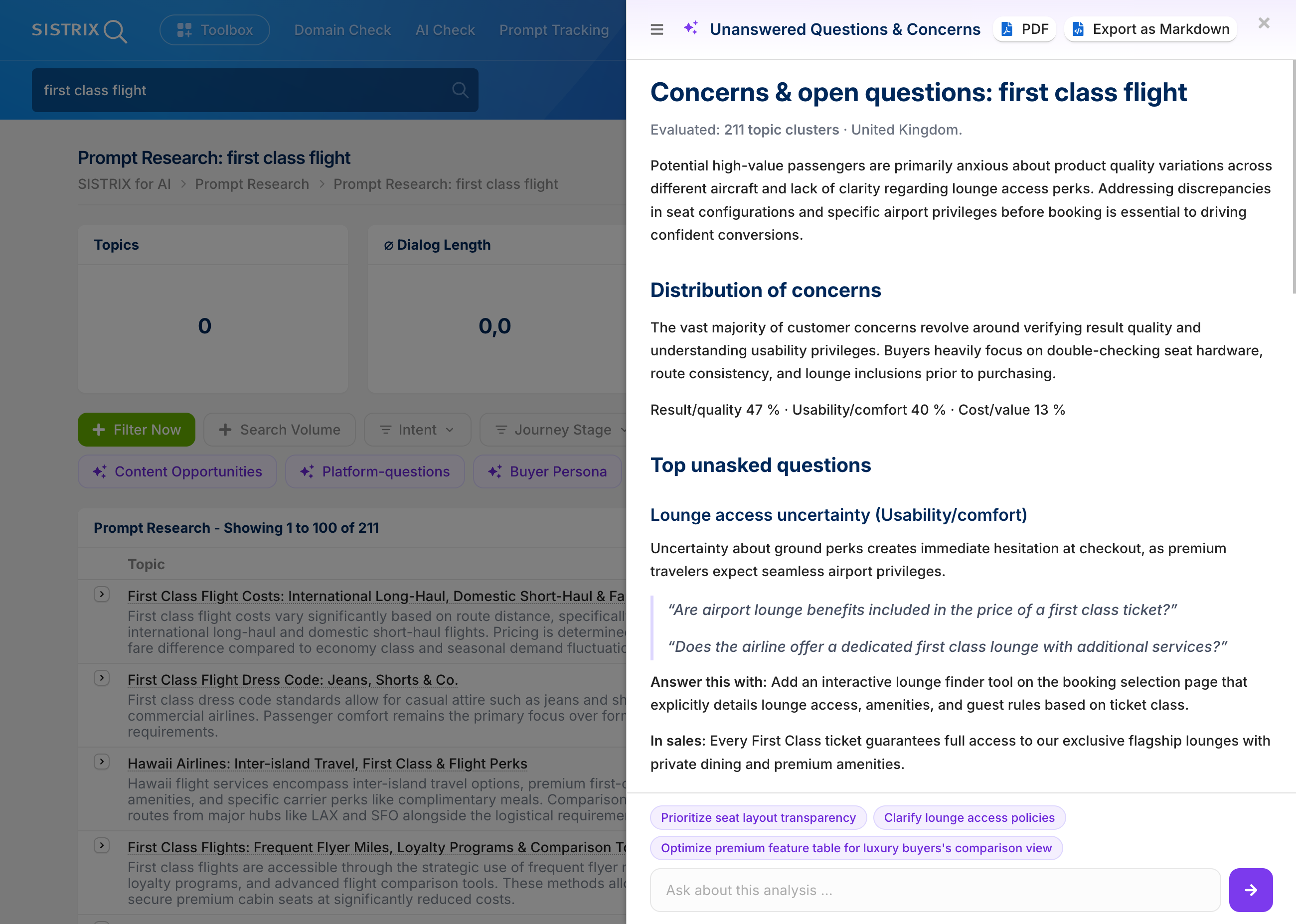 Concerns and open questions for the search term "first class flight" in the Prompt Research Tool.