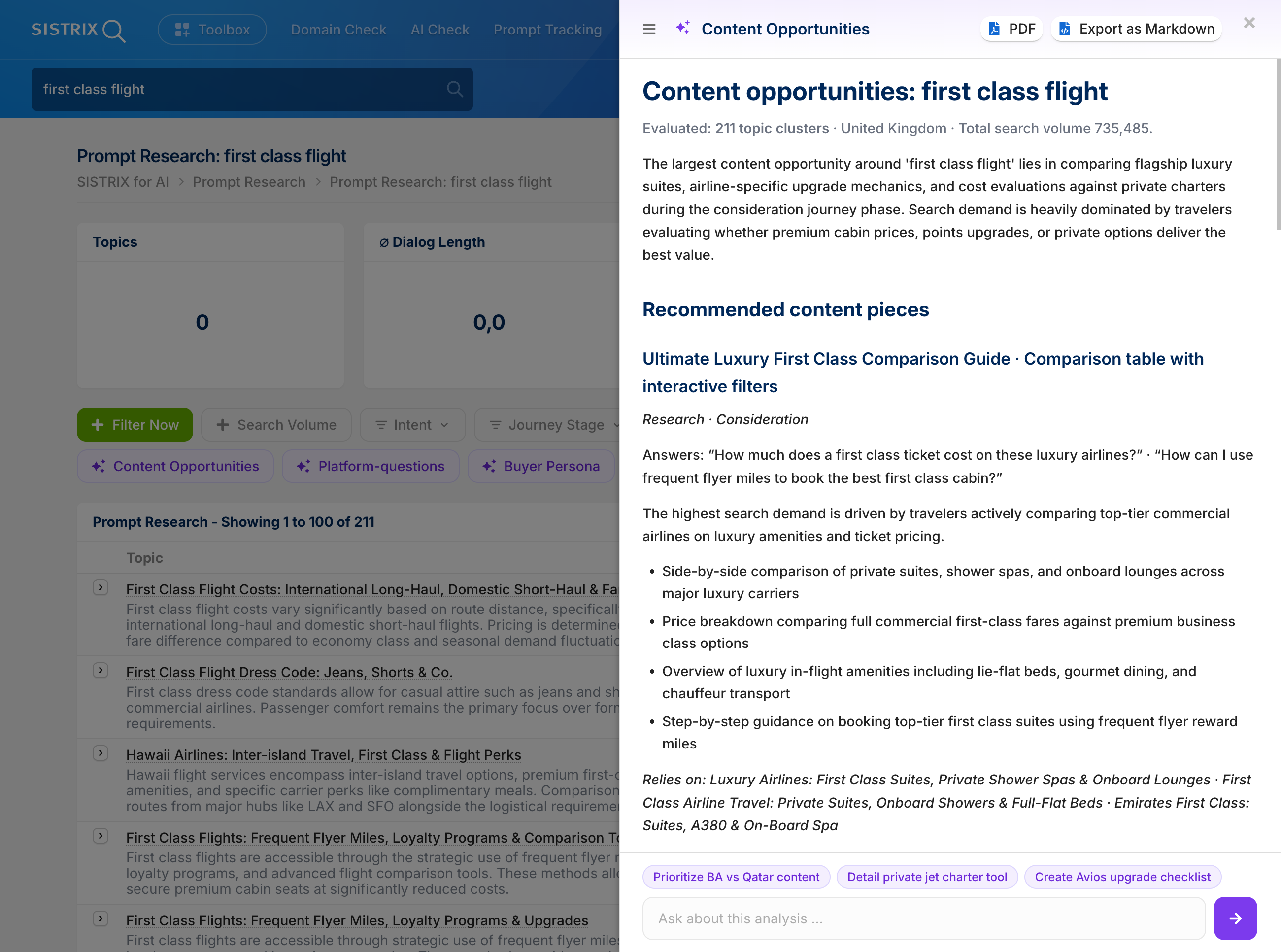 Content opportunities for the search term "first class flight" in the Prompt Research Tool.