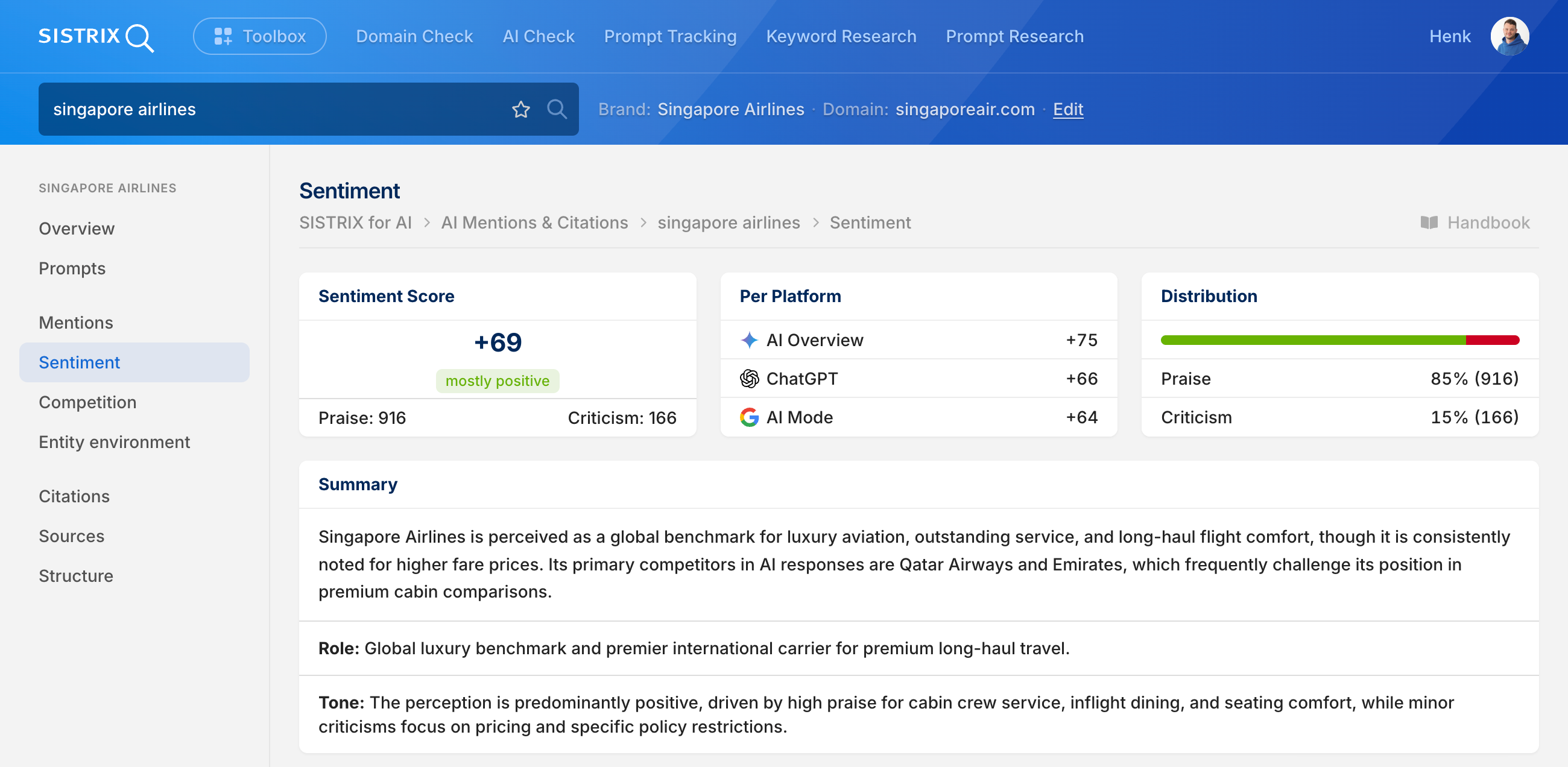 SISTRIX AI Check, Sentiment view for Singapore Airlines: sentiment score +69, mostly positive, with breakdown by platform and summary of brand perception.