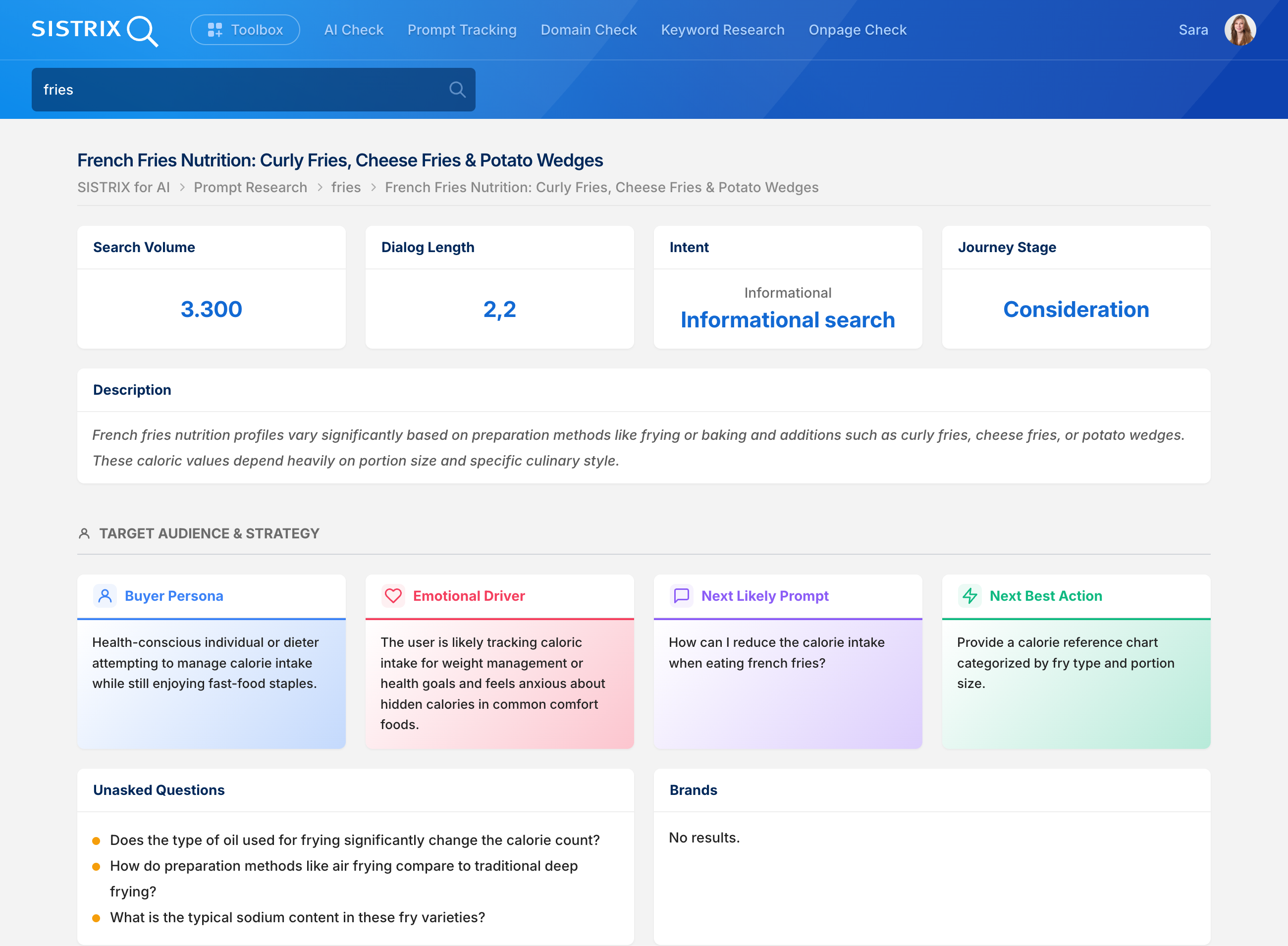 SISTRIX Prompt Research, detail view "French Fries Nutrition" for fries: search volume, buyer persona, emotional driver, and unasked questions such as preparation method and sodium content.