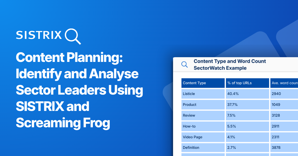SISTRIX cover for the content planning guide, with a sample table of content types and word counts