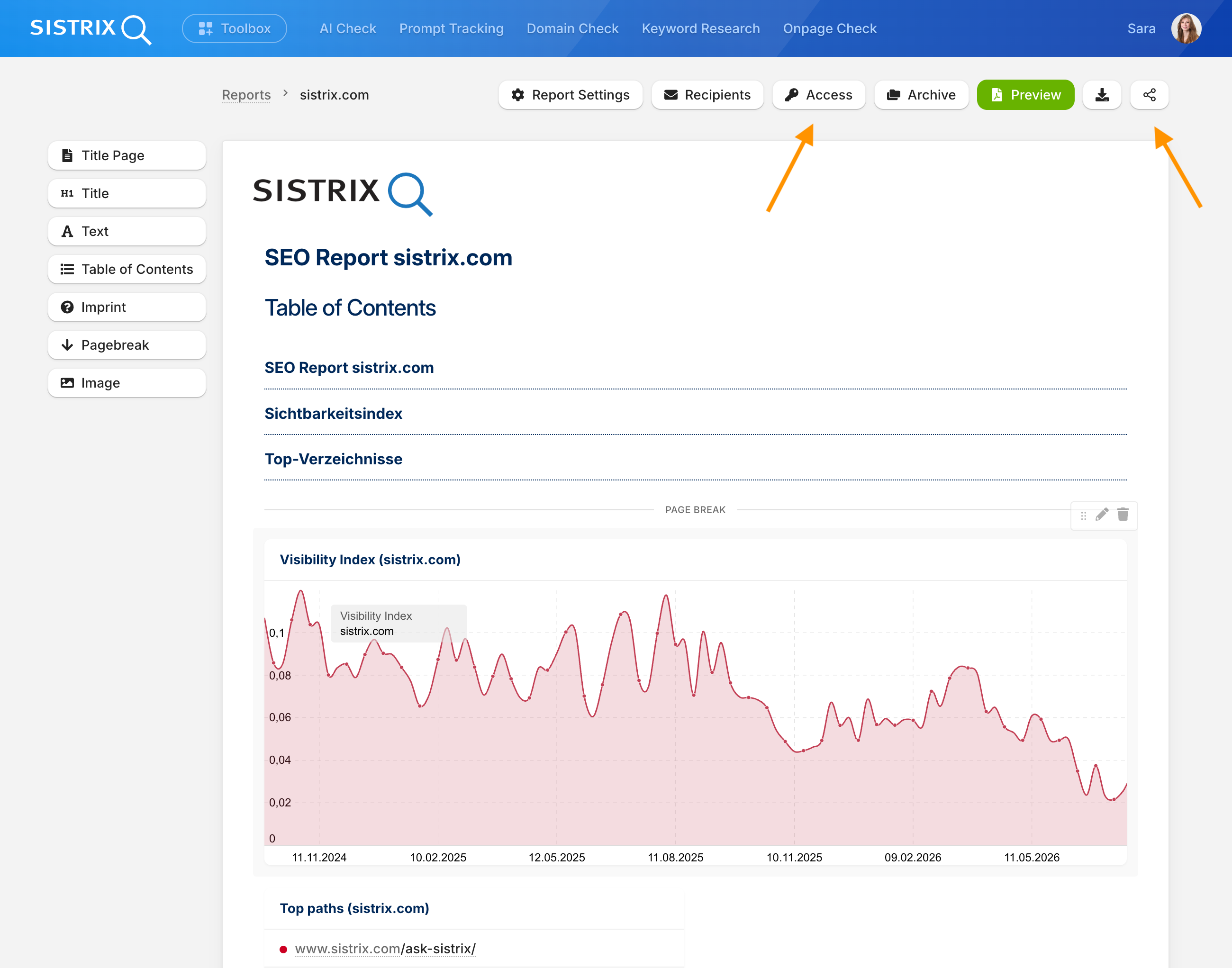 Screenshot of the SISTRIX report editor for "SEO Report sistrix.com".