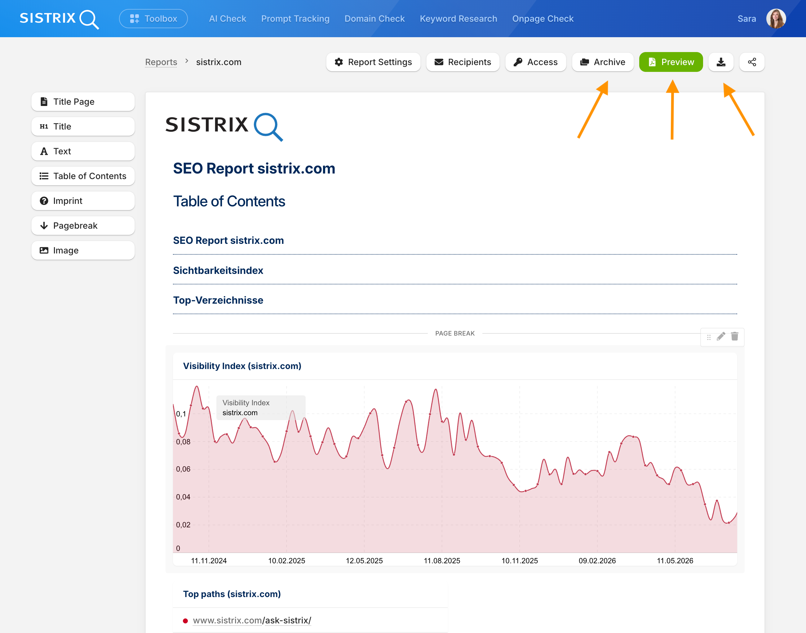 Screenshot of the SISTRIX report editor for "SEO Report sistrix.com".