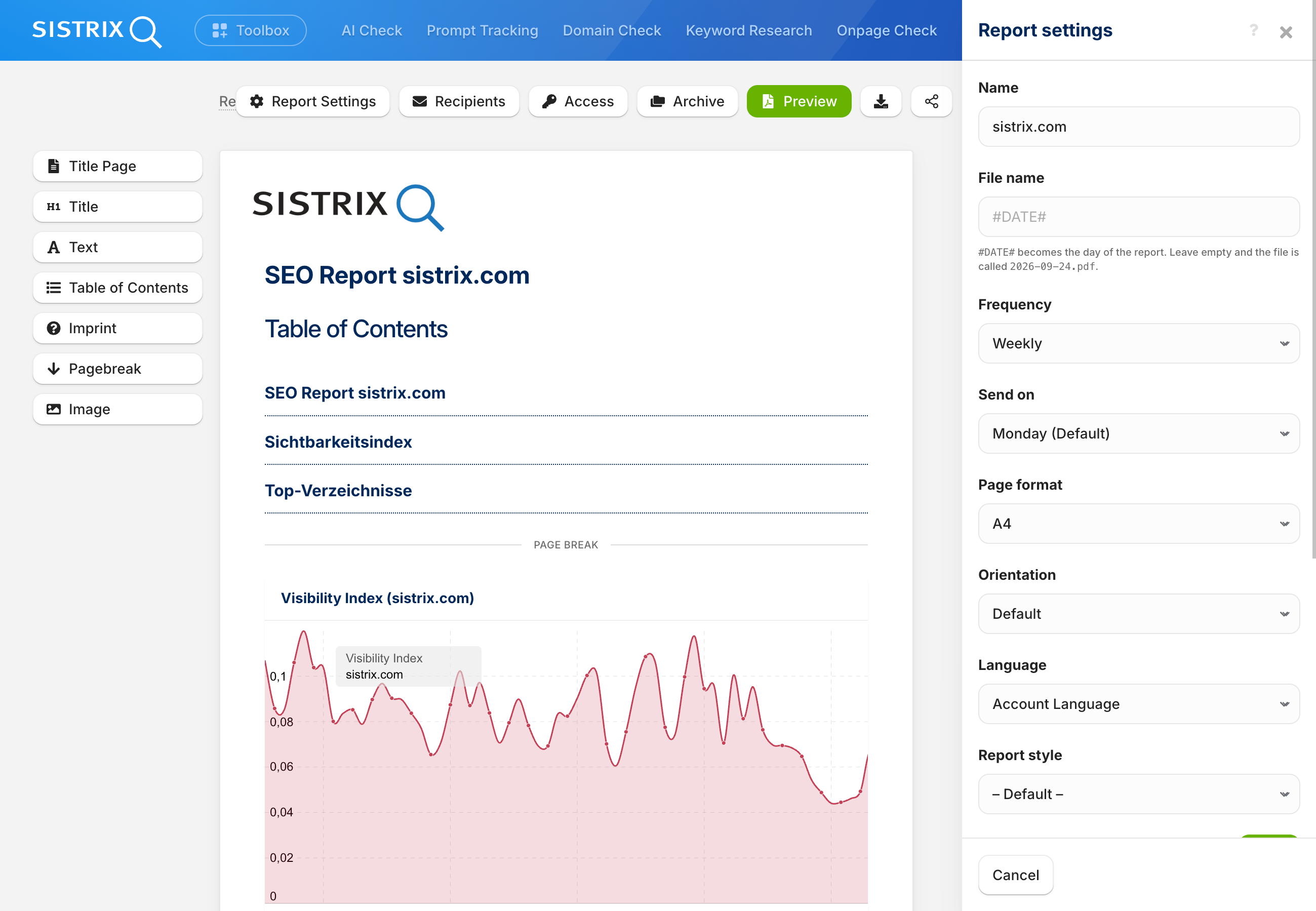 Screenshot of the SISTRIX report editor for "SEO Report sistrix.com" with the "Report settings" panel open on the right, showing fields for Name (sistrix.com), File name (#DATE#), Frequency (Weekly), Send on (Monday), Page format (A4), Orientation (Default), Language (Account Language), and Report style (Default), plus Cancel/Save buttons. The main editor area behind the panel shows the same report with its table of contents and a Visibility Index chart for sistrix.com.