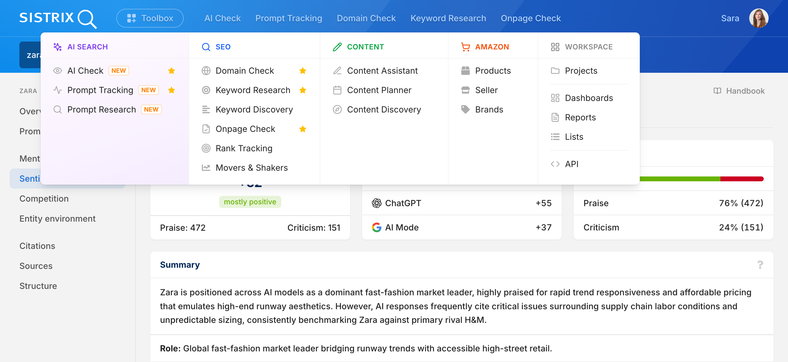 Screenshot of the SISTRIX Toolbox showing the AI Check sentiment page for Zara and an overview of the Toolbox features.