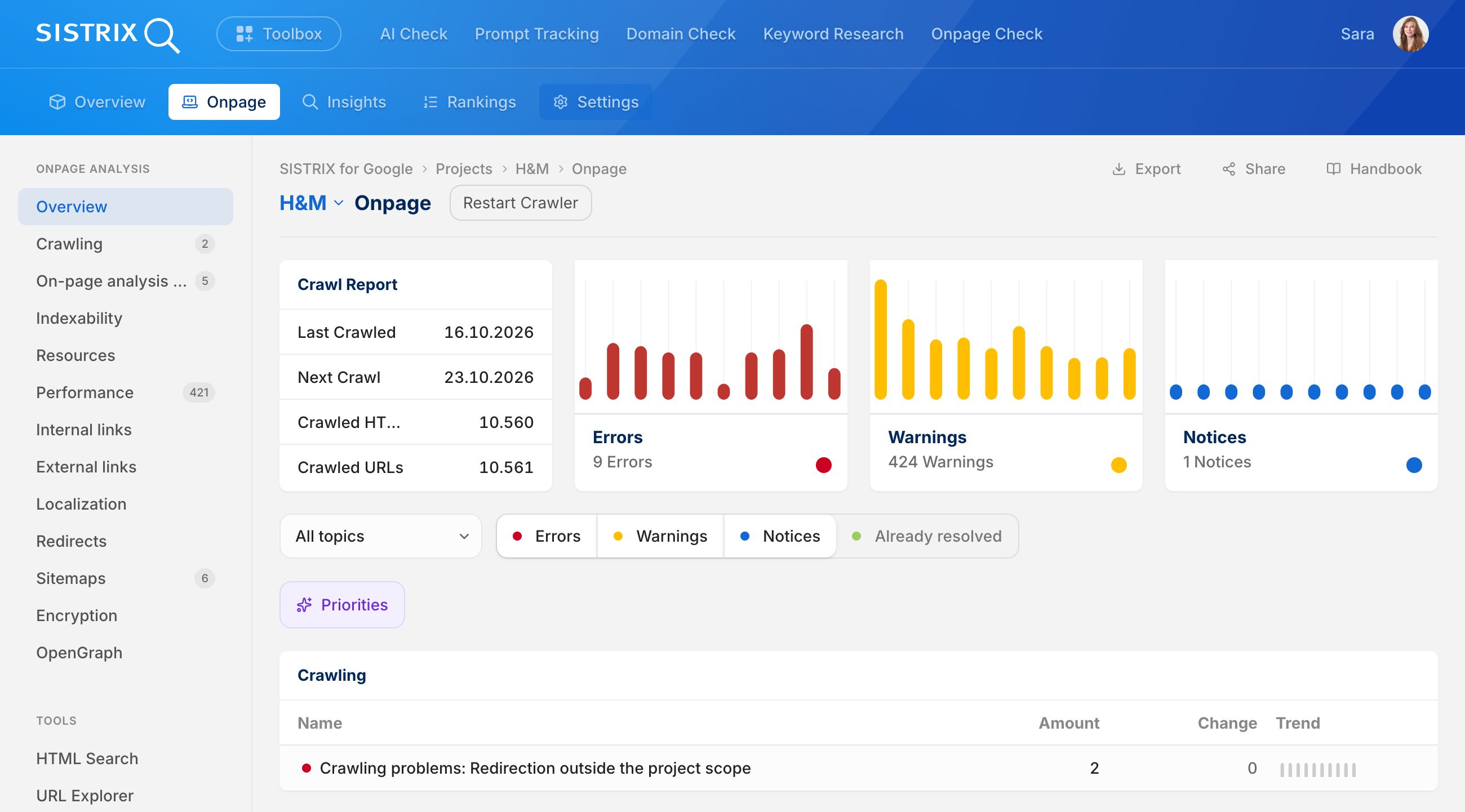 SISTRIX Onpage analysis overview for a project, with "Restart Crawler" button at the top.