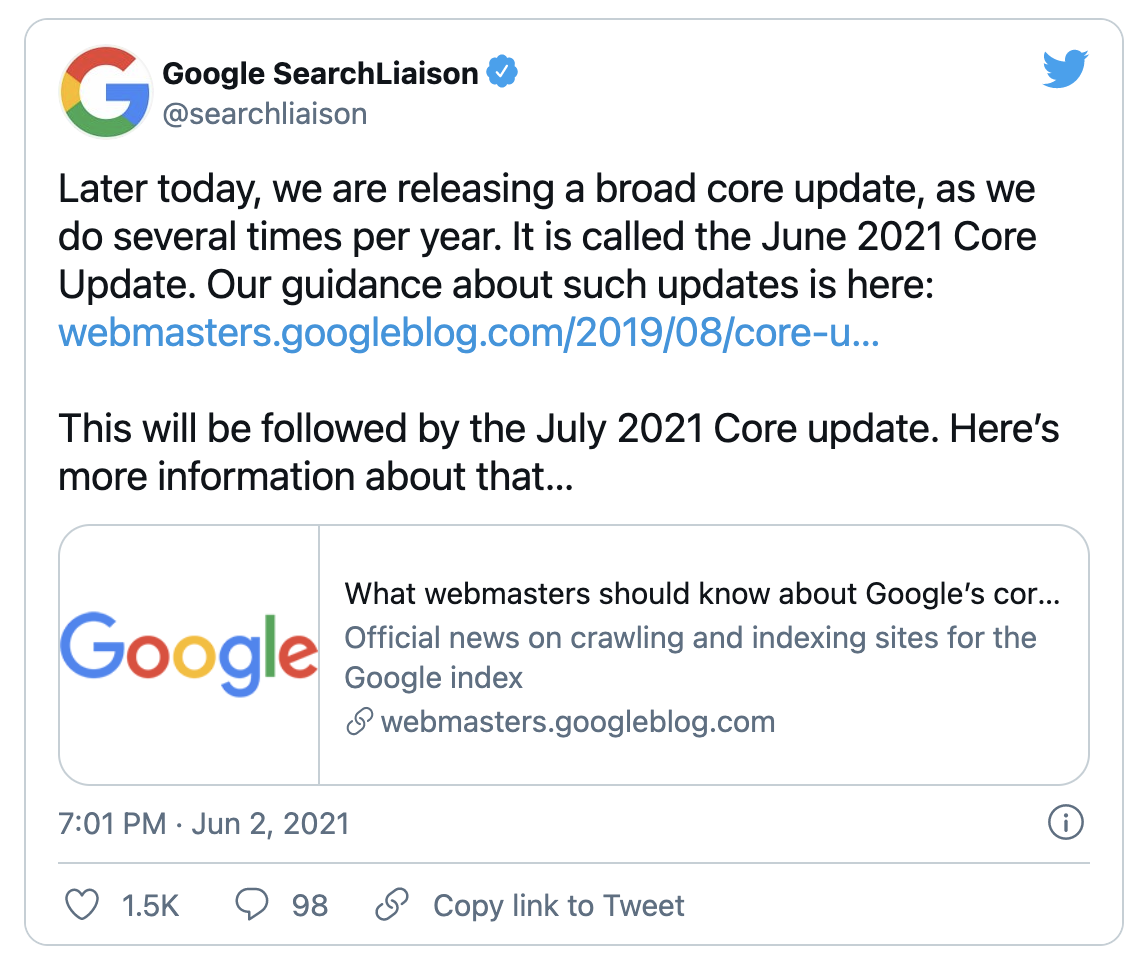 Google announces Core Update on Tiwtter