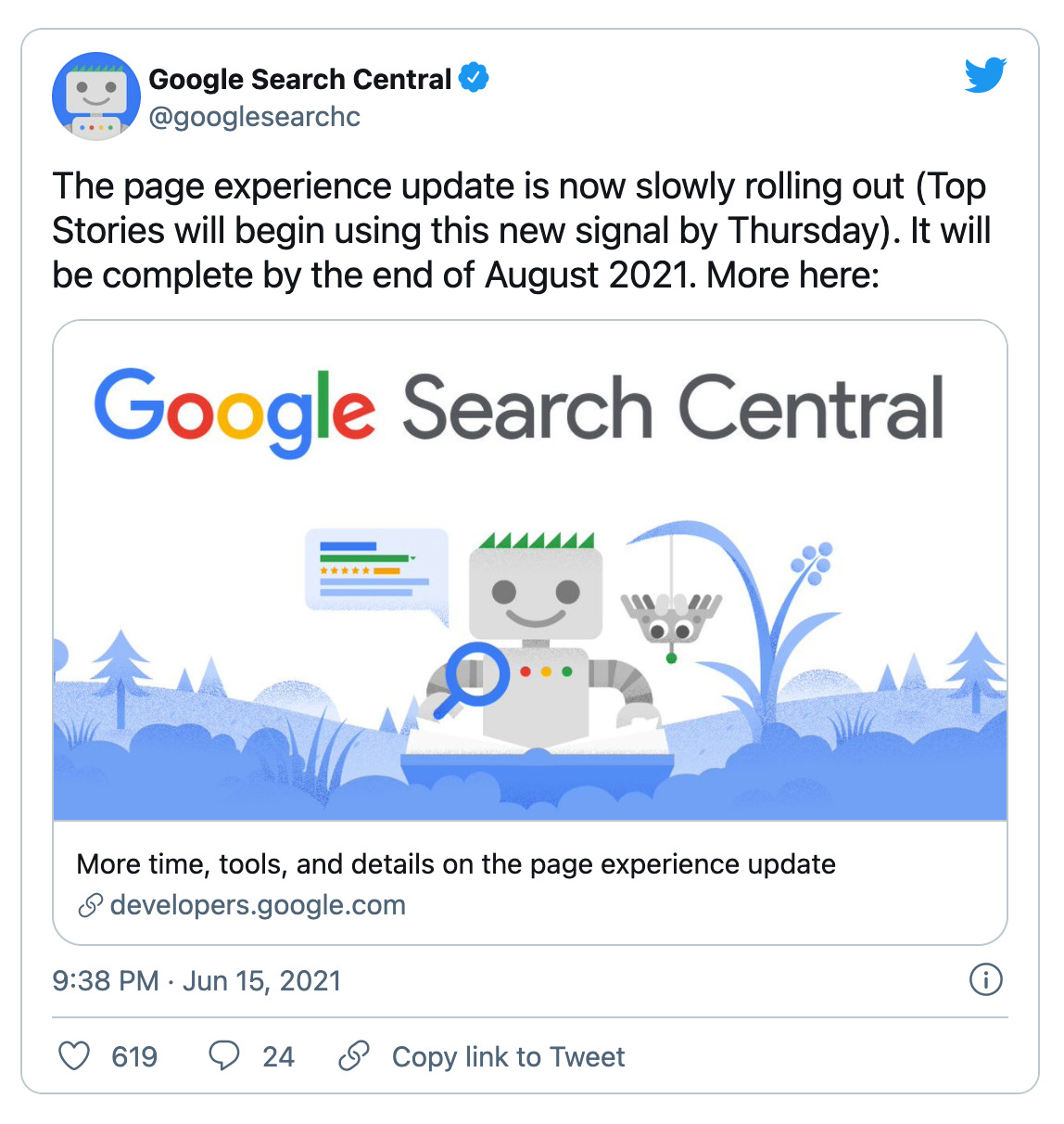 Google announcement - Page experience update.