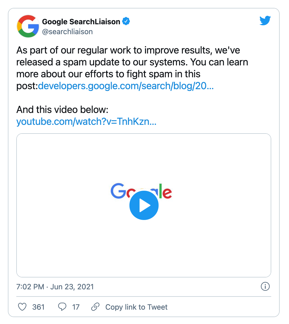 Twitter announcement of the Google spam update June 2021