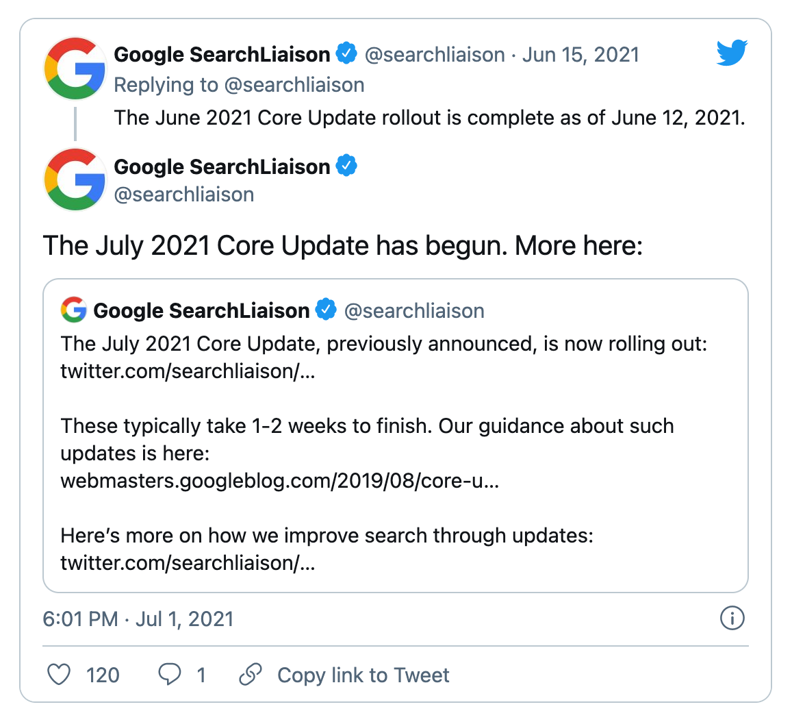 Twitter announcement for the July Core Update.