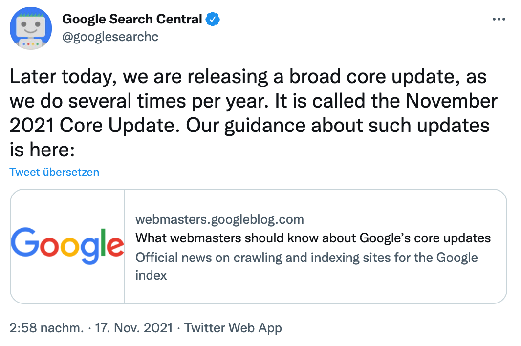 Google Core Update announcement on on Twitter